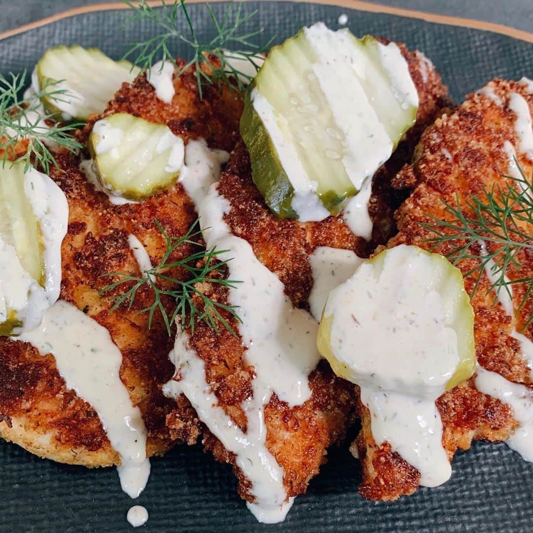Flavorgod Seasoningsさんのインスタグラム写真 - (Flavorgod SeasoningsInstagram)「Dill-icious Chicken Cutlets with Dilly Ranch dressing 🥒⁠ -⁠ Customer:👉 @killerketocook⁠ Seasoned with:👉 #Flavorgod Ranch Seasoning!!⁠ -⁠ Add delicious flavors to your meals!⬇️⁠ Click link in the bio -> @flavorgod  www.flavorgod.com⁠ -⁠ "Ok y’all…. These chicken cutlets are kind of a big dill….. If you are in a bit of a pickle trying to figure out what to make for supper then look no further. I’m not gherkin around! I am also including my easy dilly ranch dressing recipe here that is sure to dill-ight your taste buds. This is a combo that you will relish for a long time!!!"⁠ ⁠ ⏰ Total time: 20 minutes⁠ 🍽Servings: 4⁠ 🥒Ingredients:⁠ 4 Chicken cutlets⁠ ½ C @grillospickles brine/juice⁠ Coconut flour for dusting⁠ ½ c @baconsheir pork panko⁠ ½ c grated parmesan⁠ @flavorgod god ranch seasoning⁠ Salt⁠ Dill⁠ Paprika⁠ Add cayenne if you like spicy⁠ 1 Egg whisked⁠ Extra virgin olive oil for frying⁠ ⁠ 🔥 Directions:⁠ 1. Soak the chicken cutlets in pickle brine for about 1hr. Remove and pat dry. Dust both sides of the cutlets with coconut flour.⁠ 2. Mix the panko, Parmesan and seasoning in a bowl and whisk the egg in separate bowl to set up a dredging station. Dip the cutlets into egg and then panko mixture. Preheat skillet with oil to medium high heat( I did mine in the grill). Fry cutlets 2-4 minutes per side depending on thickness.⁠ 3. Serve with grillos pickles and dilly ranch.⁠ ⭐️Dilly Ranch:⁠ ½ c mayonnaise⁠ ¼ c @grillospickles pickle brine⁠ 2 tbsp @flavorgod ranch seasoning⁠ 1 tbsp dill⁠ ⁠ Place all ingredients in a small glass jar, secure lid and shake vigorously.⁠ -⁠ Flavor God Seasonings are:⁠ 💥 Zero Calories per Serving ⁠ 🙌 0 Sugar per Serving⁠ 🔥 #KETO & #PALEO Friendly⁠ 🌱 GLUTEN FREE & #KOSHER⁠ ☀️ VEGAN-FRIENDLY ⁠ 🌊 Low salt⁠ ⚡️ NO MSG⁠ 🚫 NO SOY⁠ 🥛 DAIRY FREE *except Ranch ⁠ 🌿 All Natural & Made Fresh⁠ ⏰ Shelf life is 24 months⁠ -⁠ #food #foodie #flavorgod #seasonings #glutenfree #mealprep #seasonings #breakfast #lunch #dinner #yummy #delicious #foodporn」9月21日 10時01分 - flavorgod