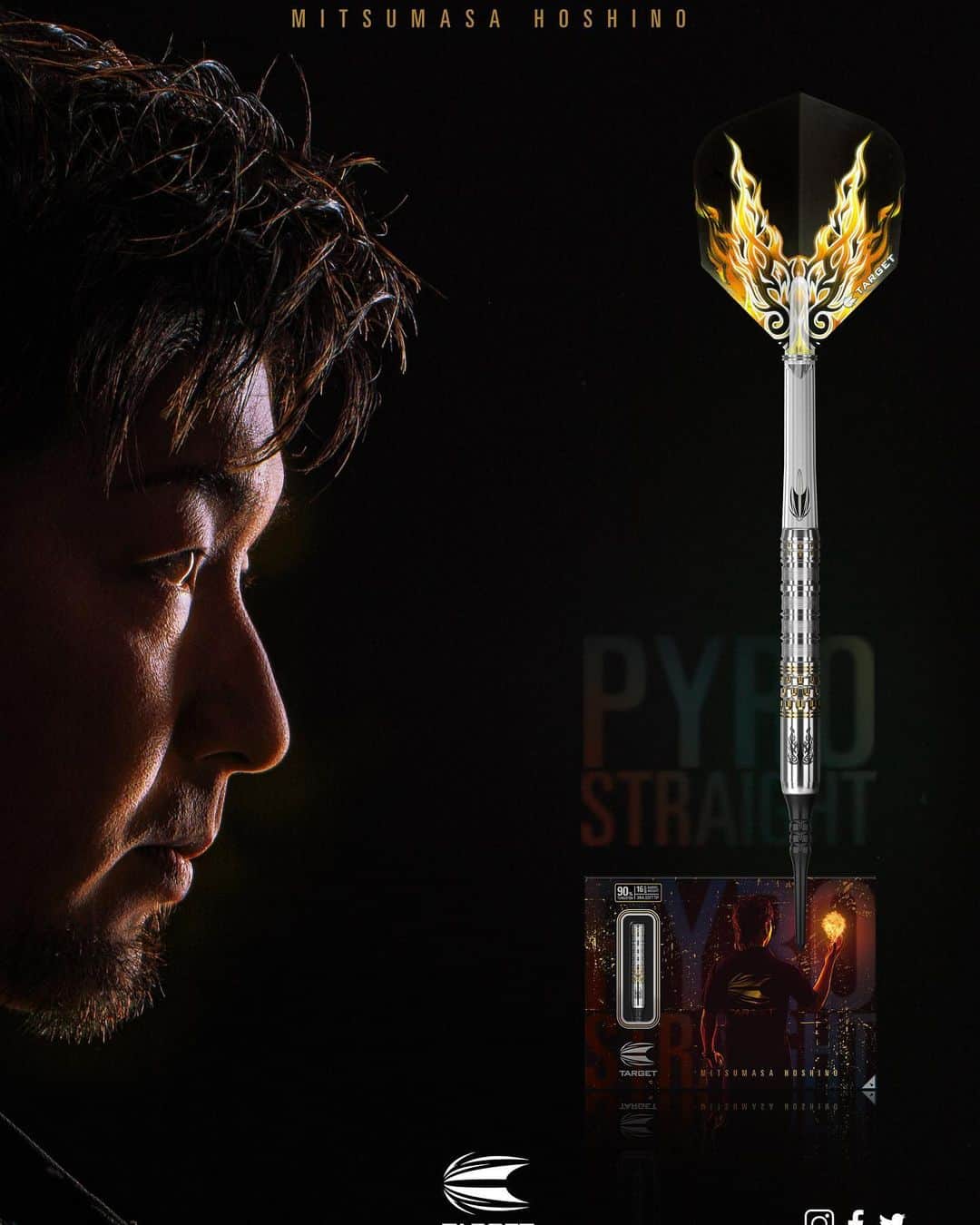 星野光正のインスタグラム：「TARGET sports japan より 9月27日発売予定です！  ストレート、その形状故に安定させるのが難しい。  今回は初級者から上級者まで全ての方々が使えるストレートをテーマにしてバランスも踏まえてスペックを考えてみました。  太く・重く・長く、最近の流行りの逆を行ってます。  太いとどう持ったらわからなくなる。  重いと負荷がかかり過ぎてリリースが遅れてしまう。  長いと飛び方がグラつき安定しにくい。  でもストレートが投げたい！  そういったお困りの方にも使って頂けると思います。  元祖pyroの復刻シリーズとして重ねてみましたがテーパーが無い分デルタカットを調整して、しっかりとした感触・pyro1の持ち味である抜けの良さはそのままに、としっかり調整してあります！  スポンサーして頂いているS-DARTS様も予約開始されているので是非お得にお買い物して頂けたらなと思います！  皆様是非宜しく御願い致します！  #プロダーツプレイヤー #ダーツインストラクター #ダーツ #エスダーツ #エスダーツオフィシャルプレイヤー #targetsportsjapan #星野光正 #三児のパパ #アラフォーパパ #料理好き #ダーツ #星野光正モデル」