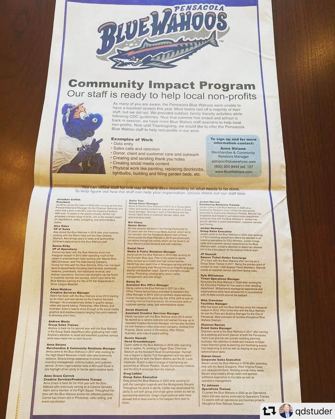 バッバ・ワトソンのインスタグラム：「This was planned before the storm, but it may be needed more than ever after #HurricaneSally... so proud of the @bluewahoosbball community commitment!! #PensacolaStrong  #repost @qdstuder ・・・ Wahoo staff are ready to help community. A list of staff and their expertise that are ready to help the community.  Also contact information. In the Sunday PNJ.」