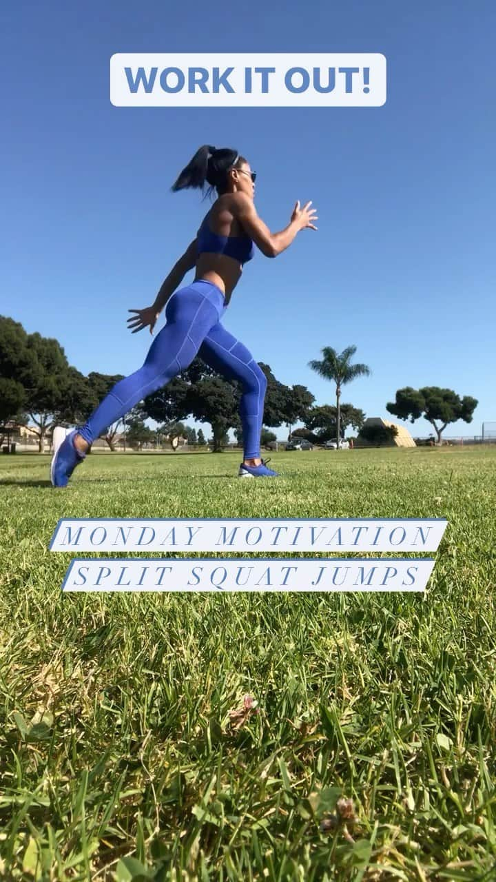 クィーン・ハリソンのインスタグラム：「It’s MONDAY! Try adding SPLIT SQUAT JUMPS to today’s workout or towards the end of your next leg day! 💪🏽 #gains !!   #mondaymotivation #goQueengo #fitness #QQTips #athletetraining #athl」