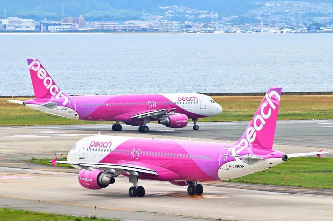 ピーチ・アビエーションのインスタグラム：「関西空港から、毎日たくさんのPeach便が各就航地へと飛び立っていきます。 こちらの写真のように滑走路へ向かう機体が2機並んでいることも。 . 今同じ場所にいるこの2機が、 数時間後には、もうどこかの空港に到着していると思うと、 どこへ行くのも近くに感じられて、 「次はどこへ行こうかな」と、もう次の旅のプランを考えてしまいます🗾✨ . 「いってらっしゃい✋」と言わずにはいられないベストショット📷 . 少しずつ涼しくなってきましたが、日差しはまだ強いですね☀️ あと少しの”夏の余韻”を楽しみつつ、お体に気をつけてお過ごしください😃 .. . . . . . . . . . . . . . . . . . . . . . . . . . . . . . . . . . . . Peachベストショットコンテスト2019　入賞 ▶Photo by @kousei__kix . . . . . . . . . . . . . . . . . . . . . . . . . . . . . . . . . . . . . #Peachと関空 #fly_peach #樂桃航空 #Peachベストショット2019 #peachaviation #飛行機 #飛行機写真 #airplane #LCC　#関空　#関西空港 #KIX」