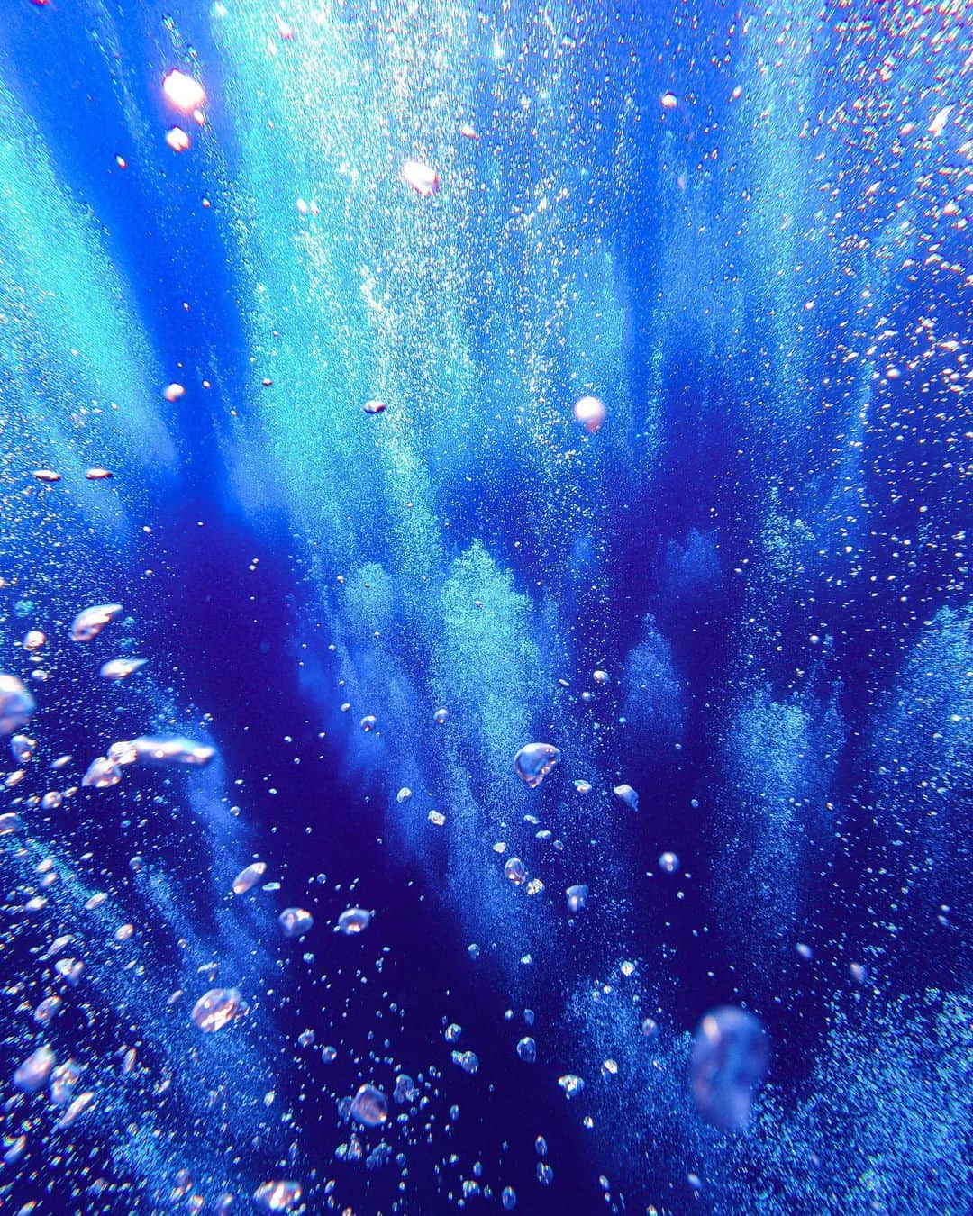 maakoのインスタグラム：「The Healing Power of the Ocean🌊  この写真たちめちゃくちゃスキーー‼︎ かっこいいしドキドキする。 ずっと見てられるし 海のパワーというか エネルギーみたいなのが ぐわああああ☄️って伝わってくる感じ🤲🏾🌊🌊🌊  みんなも感じる🙄💓❓❓💭💫💫💫💫  つるつるペタペタの海況透明度抜群の奇跡の時間⌛️✨ ダイバーの泡がオーケストラ演奏してるみたいでかっこよくて…😭💙  外洋の海の色って青が濃くてだいすき💙‼︎  📸　#GoProHERO9 black  Diving shop @seamerrily ⛴」