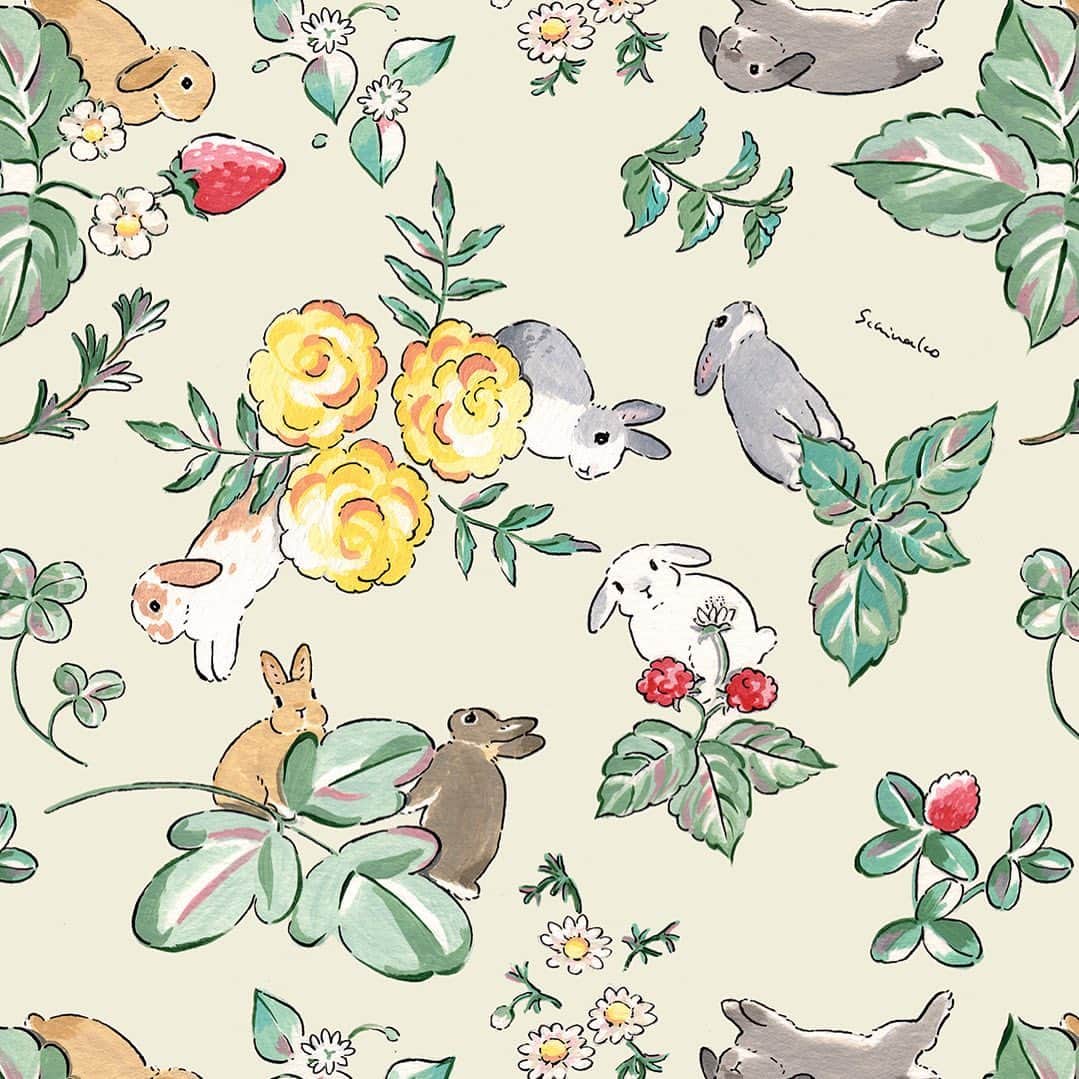 森山標子(しなこ)/Schinakoのインスタグラム：「Flower pattern with rabbits🌼 うさぎさんのいる花柄 * #illustration#art#drawing#design#acrylicpaint#アクリル絵の具#rabbit#bunny#うさぎ」