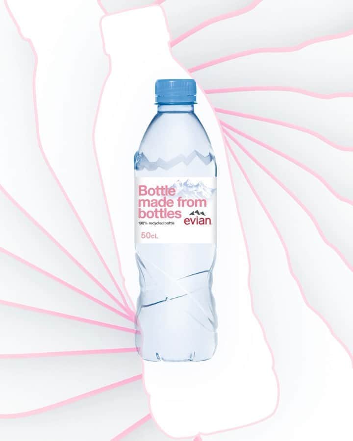 evianのインスタグラム：「evian is the result of a 15-year filtration through a natural ecosystem that we preserve. In France, Belgium, Germany, Switzerland and the United Kingdom, it now comes to you in a more sustainable way: a 100% recycled plastic bottle with a carbon neutral footprint. It’s one of the steps in our journey to becoming fully circular by 2025.​💧 ​ Please recycle, so that this bottle will be brought to life again. And again. ♻️​ ​ #evian #evianwater #positivedrops #stayhydrated #bottlesmadefrombottles」