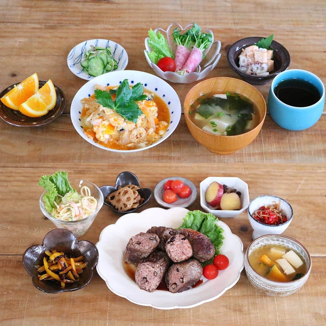 yunaのインスタグラム：「♩ . #まとめて投稿 #ひとりごはん . . 🍚たまご丼 お味噌汁 きゅうりとみょうがの酢の物 玉子焼きとちくわのサラダ ハムカイワレ みかん🍊 . . 🍚赤飯の牛肉巻き パプリカと塩昆布の和え物 ピーマンとじゃこの甘辛 さつまいもレーズン かぼちゃのお味噌 スパサラ れんこんきんぴら . . #yunaご飯#lin_stagrammer#kurashiru#delistagrammer#Japanesefood#ロカリキッチン#デリスタグラマー#クッキングラム#クッキングラムアンバサダー#タベリー#フーディーテーブル#Kissカメラ#iegohanphoto#てづくりごはん365#おうちごはん#おうちごはんlover#ママリクッキング#マカロニメイト#おうちごはん通信#キッチングラム#おうちカフェ#夜ごはん#晩ごはん#dinner#小石原焼#翁明窯元#白山陶器#波佐見焼」