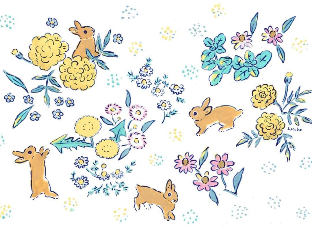 森山標子(しなこ)/Schinakoのインスタグラム：「The rabbit in floral design💐 花柄の中で遊ぶうさぎさん * #illustration#art#drawing#design#acrylicpaint#アクリル絵の具#rabbit#bunny#うさぎ」