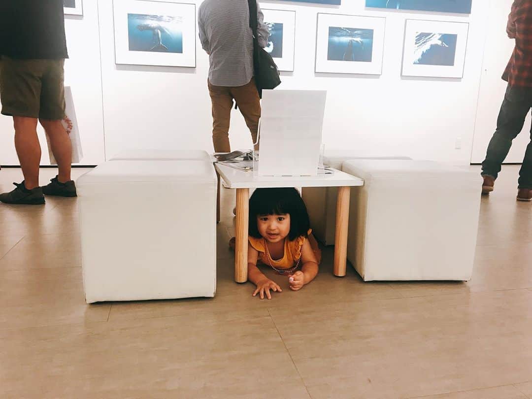 板橋よしえのインスタグラム：「. 先日、岡田裕介さんのイルカ・クジラの写真展へ！ まるで海の中に潜った様な不思議な感覚を味わえる空間でした🐳🐠🐬 写真は「ママ、かくれんぼしよー！！！」とごねる娘。」
