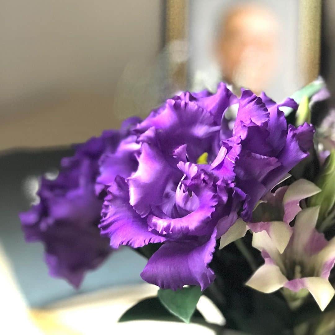 土屋眞弓のインスタグラム：「今日は亡父のお誕生日㊗️ お父さんお誕生日おめでとう🎉 小さなブーケを持ってお墓に行って来ました 雲の間から輝く太陽の光がとても綺麗✨✨  #おはかまいり  #秋の空」