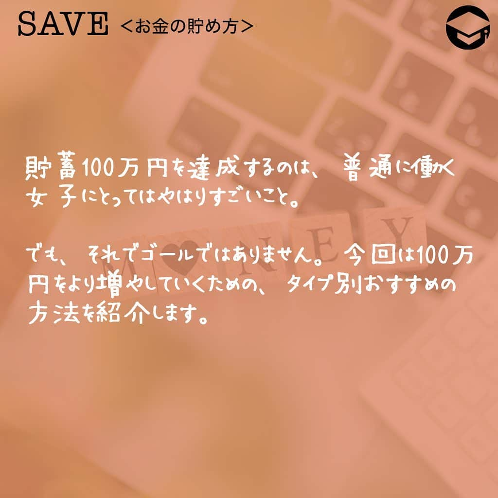 ファイナンシャルアカデミー(公式) さんのインスタグラム写真 - (ファイナンシャルアカデミー(公式) Instagram)「﻿ 貯蓄100万円を達成するのは、普通に働く女子にとってはやはりすごいこと😊でも、それでゴールではありません。今回は100万円をより増やしていくための、タイプ別おすすめの方法を紹介します💡﻿ ﻿ ーーーーーーーーーーーーーーーーーーーーーーー﻿ ﻿ 覚えておきたい、貯蓄の3つの要素とは？﻿ ﻿ ーーーーーーーーーーーーーーーーーーーーーーー﻿ ﻿ ⭕️流動性﻿ 換金のしやすさの程度を示します💰﻿ ﻿ 当面の生活費や、病気・ケガの治療費などいざというときなど備えておきたいお金を準備するために大切な要素です。﻿ ﻿ ⭕️安全性﻿ 元金や利子の支払いの確実性を示します。﻿ ﻿ 旅行・レジャーや自宅のリフォームなど、使うのは数年先ながら、減らしてはいけないお金を準備するために大切な要素です✈️﻿ ﻿ ⭕️収益性﻿ 期待される収益を示します。﻿ ﻿ 10年以上先の老後資金や子どもの将来の大学進学資金など、当面は使う予定のないお金を準備するために考えたい要素です👨‍👩‍👧﻿ ﻿ ーーーーーーーーーーーーーーーーーーーーーーー﻿ ﻿ あなたにおすすめ金融商品は？﻿ ﻿ ーーーーーーーーーーーーーーーーーーーーーーー﻿ ﻿ ☑️普通預金﻿ いつでも出し入れ自由で、預金保険の範囲内で元本保証される普通預金は「流動性」と「安全性」には優れていますが、金利は低く「収益性」はほとんどありません。﻿ ﻿ 日常使いには良いですが、100万円を普通預金口座に置いておくと、ついつい使ってしまう可能性があります😭﻿ ﻿ 短期間の金庫的な役割として使う場合には適していますが、そうでなければ貯蓄口座としては避けた方が良いでしょう💡﻿ ﻿ ☑️定期預金﻿ 普通預金と同じく銀行の預金商品であり、預金保険の範囲内で元本保証されるため「安全性」に優れています☺️普通預金に比べると金利は高め。銀行の預金商品の中では「収益性」は高めの部類に入ります。﻿ ﻿ 一方、定期預金ははじめに1年、2年、3年などと預け入れ期間を決め、基本的に満期日まで引出しができません🙅‍♀️つまり、「流動性」には劣ります。最近では1年未満の短期間の定期預金を取り扱う銀行も。﻿ ﻿ 1カ月以上～数年後にあらかじめ使うことが決まっている人は、必要な時期に合わせた期間の定期預金に預けると良いでしょう👍﻿ ﻿ ただし、定期預金の満期後の取り扱いとしては一般的に満期日にあらたに同期間の定期預金として自動継続される「自動継続型」と、満期日に元金と利息が普通預金口座に入金される「自動解約型」の2種があるので、きちんと確かめておくことが必要です👀﻿ ﻿ ☑️投資信託や株式購入﻿ いわゆる投資商品である投資信託や株式は、投資したお金（価値）が変動するのが通常で、銀行の預金商品のように元本保証はありません。つまり、「安全性」には劣ります🌀一方で、価値が上がった時に売却すれば預金利子よりも高い収益を得られる可能性もありますから、「収益性」は期待することができます💫﻿ ﻿ しかしながら、価値が下がったときはまた価値が上がるのを待つようになります。つまり、「流動性」に劣ります。﻿ ﻿ たとえば「いまある100万円は当面まったく使う予定がない」という場合には、投資信託や株式を買って運用してみるのがいいでしょう😊﻿ ﻿ ーーーーーーーーーーーーーーーーーーーーーーー﻿ ﻿ 「投資」×「税金節約」で収益性をさらに高める！﻿ ﻿ ーーーーーーーーーーーーーーーーーーーーーーー﻿ ﻿ 通常なら株式や投資信託などで得られる利益（配当や譲渡益）には、預貯金の利子同様に20.315％（所得税、復興特別所得税および住民税）がかかります。﻿ ﻿ しかし、証券会社にNISA口座を開設し、非課税投資枠の範囲内で株式や投資信託などを購入すれば、最長5年間、その売買で得られる利益には税金がかかりません🙆‍♀️つまり、本来なら手取り利益は80％程度になるところ、NISA口座を利用した投資では利益が丸々手元に入っておトクです。﻿ ﻿ 加えて期待したいのが複利効果です☺️本来税金として引かれる分まで再投資に回すことができるので、利益に利益が付く複利効果が高まります。﻿ ﻿ 非課税投資枠は1年につき120万円ですから、まだNISAを利用したことがなく、100万円の活用法に迷っている人には適しているのではないでしょうか⭐️﻿ ﻿ ＝＝＝＝＝＝＝＝＝＝＝＝＝＝＝＝﻿ さらに詳しくお金のことや﻿ 投資のノウハウ・知識を学びたいという方必見👀﻿ ﻿ 自宅にいながらお金や株・不動産投資の勉強ができる﻿ 「WEB体験セミナー」💻﻿ （@financial_academy）　﻿ ﻿ 詳しくはプロフィールリンクにあるサイトへ飛んでくださいね☝️﻿ ＝＝＝＝＝＝＝＝＝＝＝＝＝＝＝＝﻿ ﻿ #ファイナンシャルアカデミー #お金の教養  #手書きアカウント #情報収集 #ライフマネー #マネカツ #貯金 #貯金部 #貯金術 #貯金生活 #貯金する #やりくり #100万円貯金 #100万円 #ライフマネー #マネカツ」10月6日 17時00分 - financial_academy