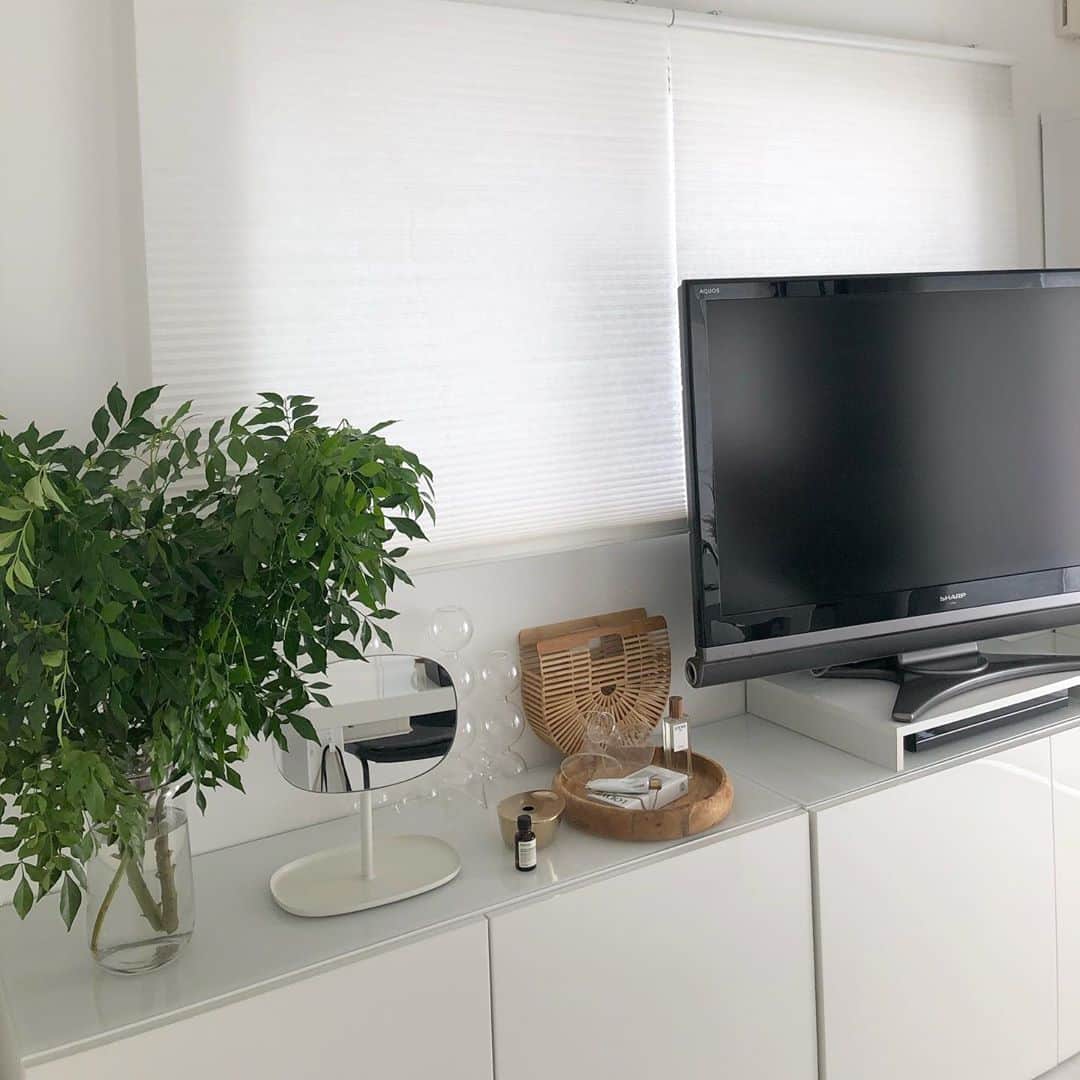 akaneのインスタグラム：「2020.10.6  鉢植えのシマトネリコを買ったけど、すぐ枯らしてしまい、ダメ元で玄関前に地植えしたら見事に復活🙌🌲  ワサワサで玄関前を圧迫してたので剪定してカットしたものを飾ってみました🌿  ユーカリも成長してきたし、自給自足でおうちの飾る草花を増やしたいなと思っています😆  コロナでおうちへの価値観も大きく変わり、自分にとっての理想の暮らしが変化してきた方も多いと思います✨  みんなの理想が自分の理想では無い、私なりの理想のお家になるよう年内に整えたいと思っています😊  今の不満は私の仕事スペースが無いこと😂  どうにかワークスペースを作りたいと試行錯誤😅  狭いので配置にも限界あり、今はダイニングテーブル占領しちゃってるのでどうにかしたいな🤔💭  ※結局テレビのSはそのまま貼らずにSの部分だけ念のため取っておいてます🤣 HARP製テレビwww  #livingdining#dining#mnml#scandinaviandecor #scandinavianinteriors  #interior#japaneseinterior  #リビングダイニング#ダイニング#テレビ台#チェスト#ikea#イケア#シマトネリコ#緑のある暮らし#丁寧な暮らし#整理収納アドバイザー#インテリアコーディネーター」