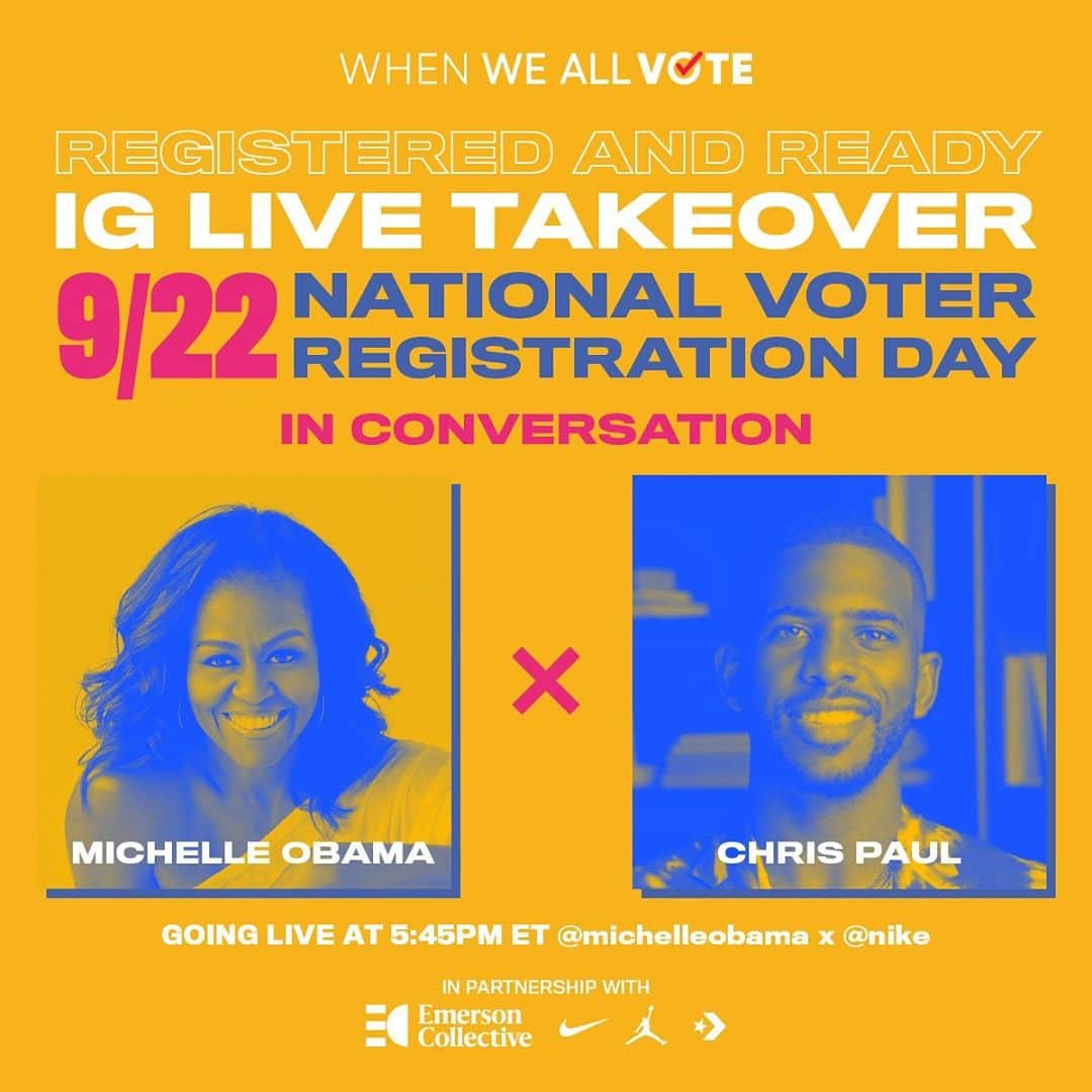 クリス・ポールのインスタグラム：「This has to be the dopest responsibility I’ve had as co-chair of @WhenWeAllVote! Excited to interview @MichelleObama tomorrow on @Nike’s IG Live at 5.40PM ET!!! See you there 🙏🏾」