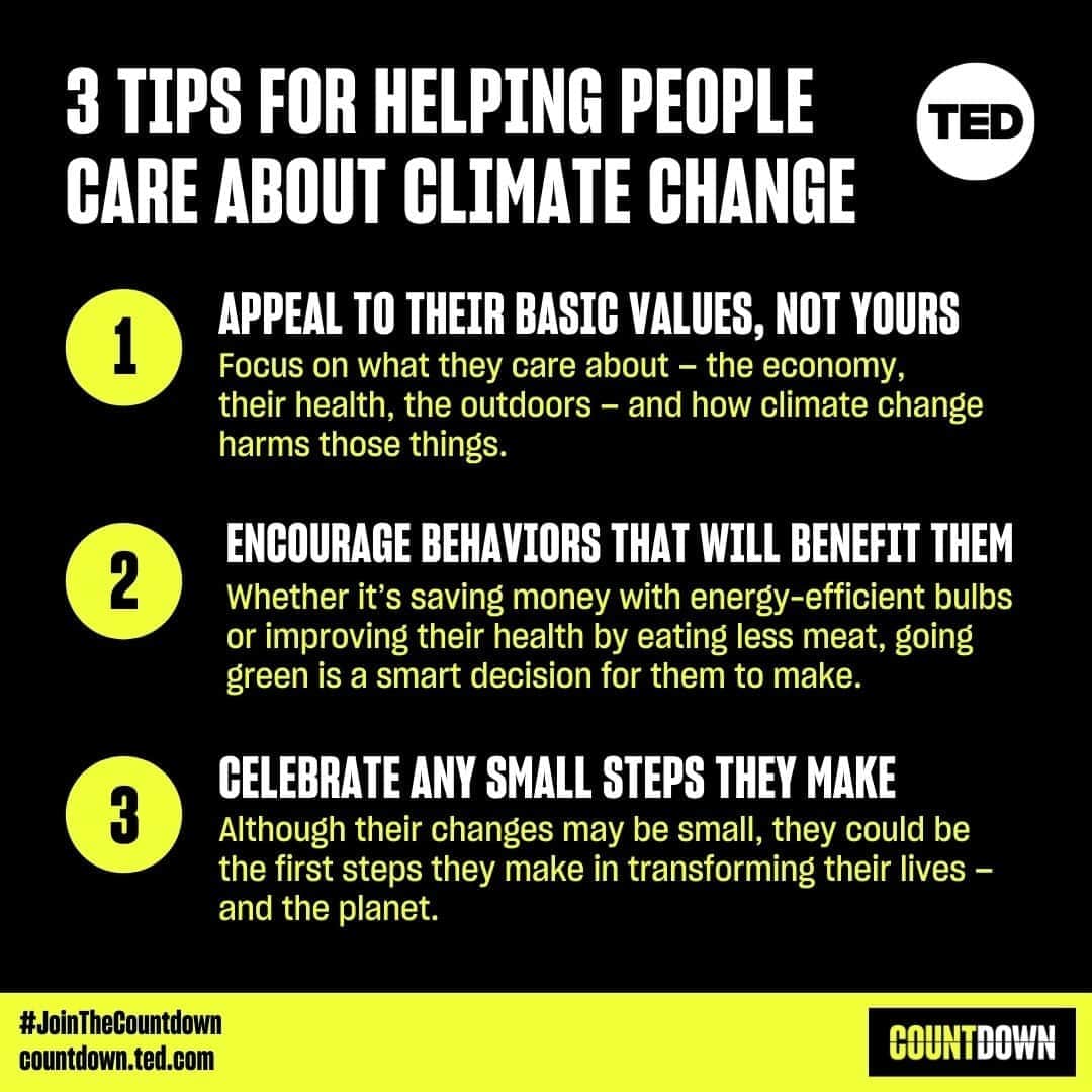 TED Talksのインスタグラム：「Talking about climate change is... difficult. What’s happening can feel unsolvable, out of reach or far away, and many people don't believe that it's real. But climate change *is* real. Climate change *is* happening. And it affects all of us. Here’s how you can encourage the people you care about to take steps to change the future of our planet (and their own lives too!). Visit the link in the bio for more advice about having the climate convo. ⁠ PS: Please visit @TEDCountdown to learn more about our climate change initiative and #JoinTheCountdown」