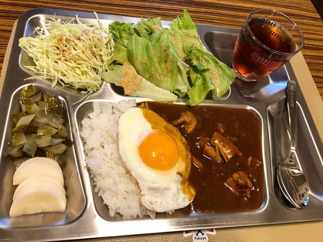 のインスタグラム：「拘らないことに拘ったルーカレーです。いや、海上自衛隊どんズバ仕様のプレートは拘りなのかもしれません。すいません。集団生活気分が味わえるので集団生活フェチの方どうぞ。烏龍茶のところがパック牛乳だったら100点だったなぁ。 #カレー」