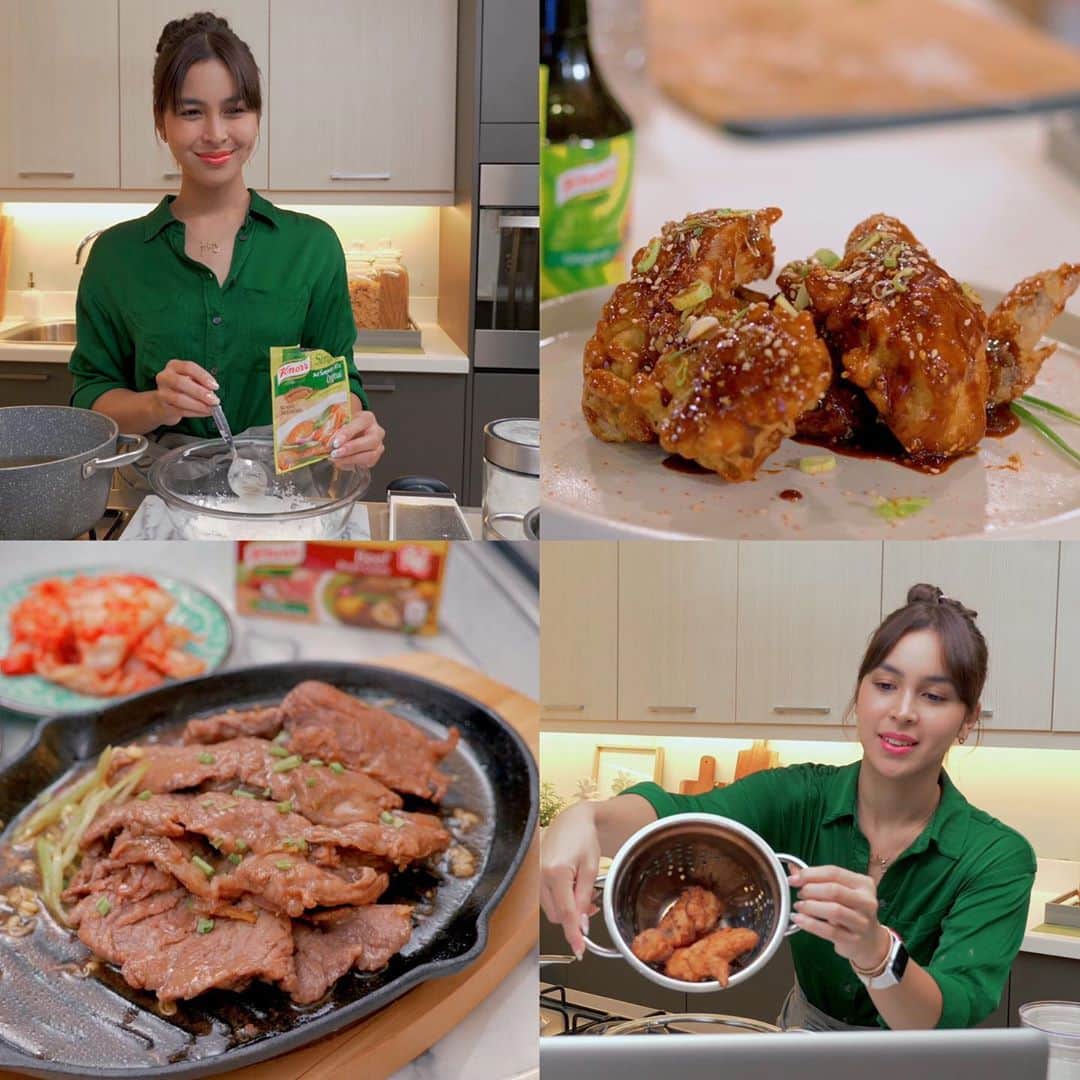 ジュリア バレットのインスタグラム：「I love Korea! As an unabashed K-drama addict, I’m so excited to have Oppa @chefjayps teach me how to cook Korean Fried Chicken and Beef Bulgogi, made so much easier with the umami flavors of Knorr seasoning staples. Boarding for Korea now! AnnyeonghaseYUM! Join us on the #KnorrKitchenNomad. Only on @metrodotstyle YouTube, Facebook, and IGTV. Link in bio! 💚」