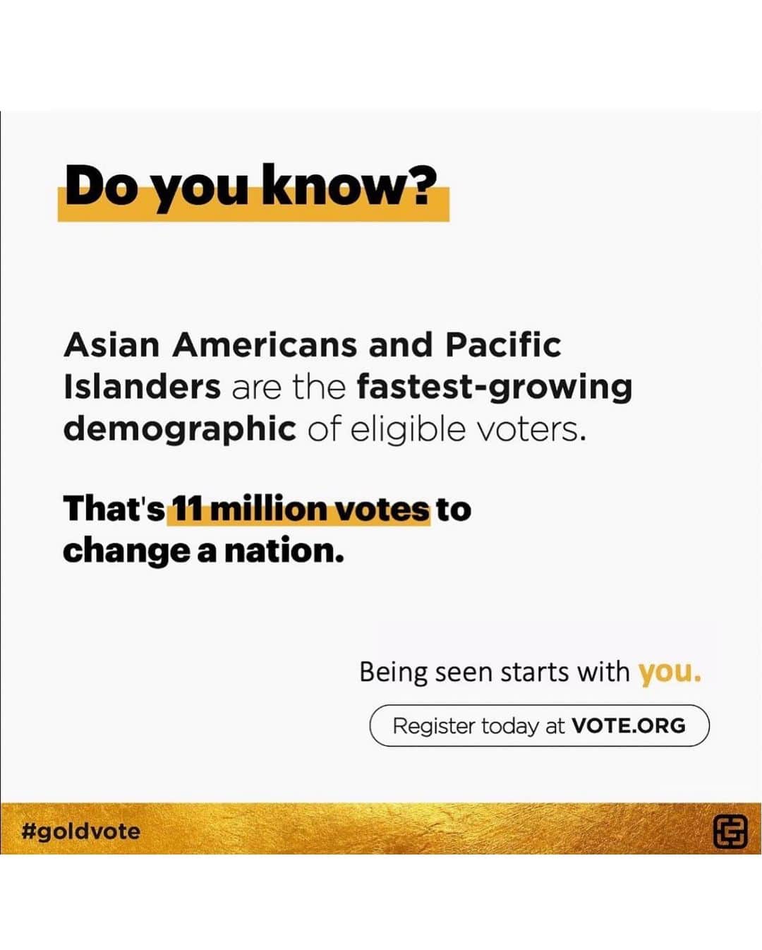アライ・マキさんのインスタグラム写真 - (アライ・マキInstagram)「It is more important now than ever to use your voice. Today is #NationalVoterRegistrationDay. Asian Americans and Pacific Islanders (AAPI) youth are the least likely to register to vote and show up (in 2016, only 49% of us showed up to vote). This isn’t on our parents--this is on us. AAPIs are also the fastest-growing demographic of eligible voters.  We have the unique ability to reimagine the America we were born into and recognize that we are one of the most CRUCIAL swing voter groups. Let’s do this!!! Register to Vote at VOTE.ORG and vote early if you can. Visit the link in my bio for more information on voting in your state.   #GoldVote #AAPI2020 #NationalVoterRegistrationDay #VoteReady」9月23日 4時59分 - allymaki