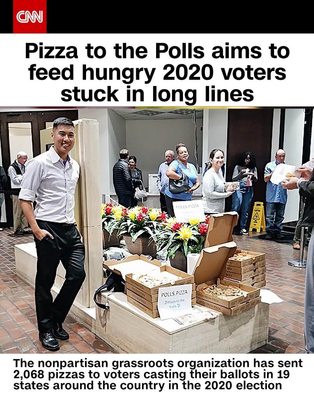 CNNさんのインスタグラム写真 - (CNNInstagram)「This election season, a nonpartisan group is bringing pizzas to voters stuck waiting in lines. So far this year, Pizza to the Polls has sent 2,068 pizzas to voters in 19 states. 🍕 "Pizza brings people together," said Scott Duncombe, Pizza to the Polls' co-founder and director. "It puts a smile on their face. And that's exactly the kind of attitude we want to have going into the polling booth."⁠ (📸: Pizza to the Polls)」9月23日 5時01分 - cnn
