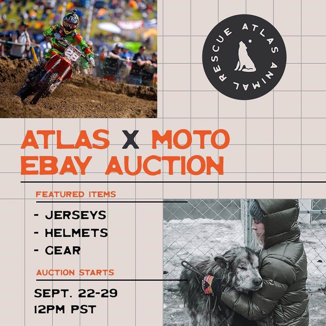 のインスタグラム：「We’ve teamed up with @atlasanimalrescue! See info below for auction details and how you can get a limited @beegcreations sticker with our rescue partner. Mine is Claire who is coming to stay with Court’s family in Utah for rehab. ♥️ Link in bio for auction and to purchase stickers. ⬆️  #Repost @emilyeverettnelson ・・・ ATLAS X MOTO EBAY AUCTION FUNDRAISER! 🐾 From today, September 22nd-29th we will be having our very first eBay Auction fundraiser for @atlasanimalrescue !   We have 20 auction items available that were kindly donated from our friends in the Moto community, thank you to everyone who has been involved I appreciate you all so much! We ALSO have limited edition athlete stickers available for purchase that you will only be able to get during this 7 day fundraiser! We have 6 different sticker ways of @jessynelson79 @dylanferrandis @antoniocairoli @kenroczen94 @marvinmusquin25 @elitomac paired with different Atlas rescues! Huge thank you to @beegcreations for the amazing artwork and @awthentikdg for donating all the stickers! Thank you to @ethur_ethur for the digital fundraiser flyers!   100% of proceeds will go directly towards @atlasanimalrescue flight transportation costs. If you are interested in our auction or stickers, click the link in my bio! 🤍」