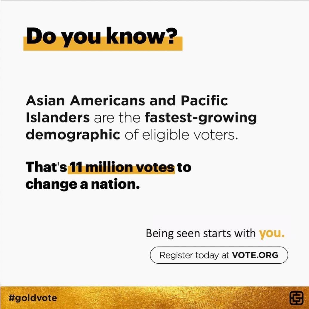 テリー・レオンさんのインスタグラム写真 - (テリー・レオンInstagram)「Today is National Voter Registration Day. Asian Americans and Pacific Islanders (AAPI) youth are the least likely to register to vote and show up (in 2016, only 49% of us showed up to vote). This isn’t on our parents--this is on us. AAPIs are also the fastest-growing demographic of eligible voters. That’s 11 million eligible voters with a growth rate of 139%, compared to the 7% growth of caucasians.  We have the unique ability to reimagine the America we were born into. We must realize that it’s not just a system that’s omitted us--it’s ourselves who haven’t even registered.   We are one of the most crucial swing voter groups. Register to Vote at VOTE.ORG and vote early if you can.  #GoldVote #AAPI2020 #NationalVoterRegistrationDay and #VoteReady」9月22日 21時34分 - tellyleung