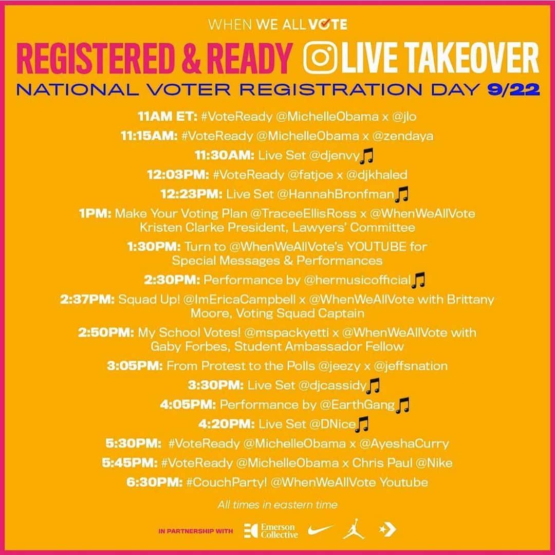 ミシェル・オバマさんのインスタグラム写真 - (ミシェル・オバマInstagram)「I’m going live on my Instagram for the very first time today to join @WhenWeAllVote’s Registered and Ready Instagram Takeover with @zendaya, @jlo, @cp3 (from @nike), @ayeshacurry, and more!   I hope you'll join us today on Instagram or at weall.vote/voteready for #NationalVoterRegistrationDay.」9月22日 21時49分 - michelleobama