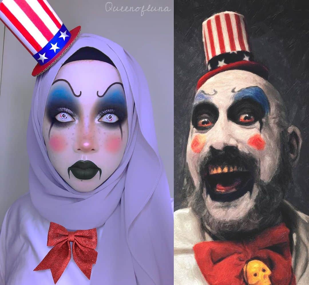 queenoflunaのインスタグラム：「I felt like doing a Captain Spaulding 🤡 inspired makeup yesterday. Posting that look today. Coincidentally, it turns out that September 21 marks first death anniversary of Sid Haig, who portrayed Captain Spaulding. I found this out by stumbling upon a remembrance post by Rob Zombie on fb. I was spooked a little 😳 I-I- I mean I knew that he passed away last year but I definitely did not remember the exact day he departed. It's a strange coincidence that out of all the dates, I chose September 21 to do this look. Bruhhh 😳  Rest in peace, Sid. 🖤  Lenses: @colouredcontacts barbed wire lenses . . #captainspaulding #clown #clownmakeup #sidhaig #robzombie #houseof1000corpses #3fromhell #thedevilsrejects #halloween #halloweenmakeup #halloweenmakeupideas #killerclown」