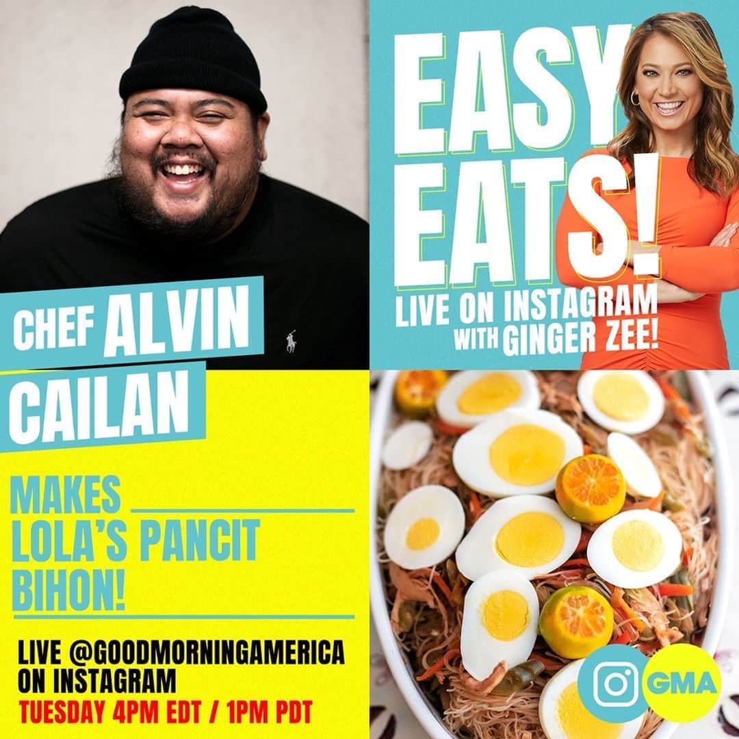Good Morning Americaさんのインスタグラム写真 - (Good Morning AmericaInstagram)「Chef @alvincailan is making his Lola's Pancit Bihon, a Filipino-favorite and staple, LIVE on Instagram this afternoon at 4pmET with @Ginger_Zee!」9月23日 0時32分 - goodmorningamerica