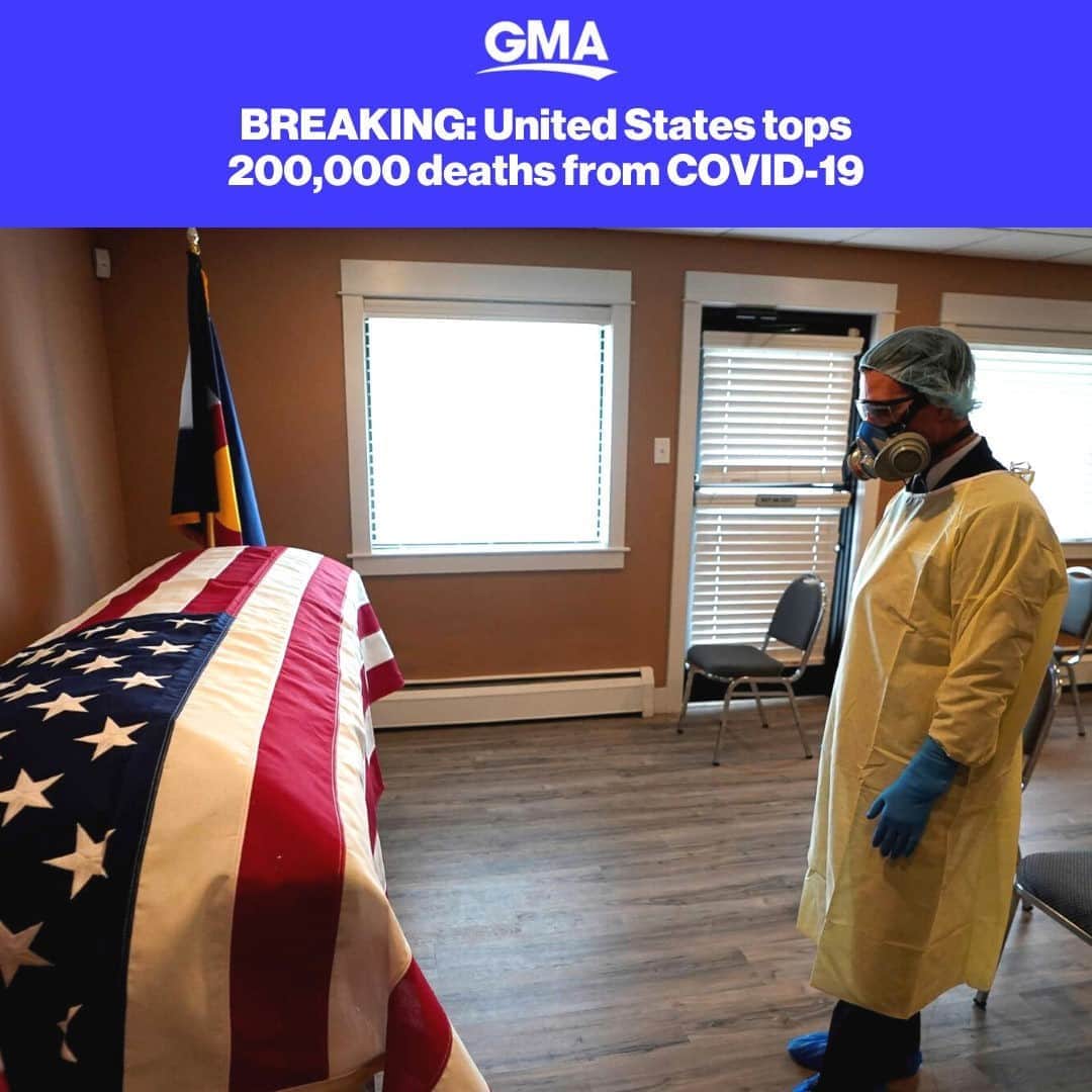 Good Morning Americaさんのインスタグラム写真 - (Good Morning AmericaInstagram)「BREAKING: Just eight months after the nation’s first confirmed case, the United States surpasses 200,000 deaths from #COVID19, nearly twice as many Americans as the 116,516 who died in World War I, the third-deadliest conflict in the nation’s history. LINK IN BIO」9月23日 1時09分 - goodmorningamerica