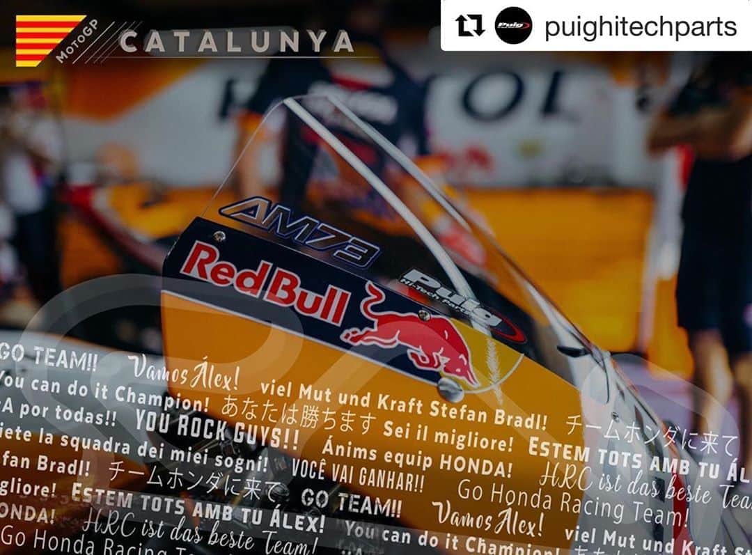 レプソル・ホンダのインスタグラム：「Our friends over at @puighitechparts have cooked up a way for you to cheer us on from inside the garage. Head over to their page and check it out 💪  #Repost @puighitechparts ・・・ The Moto GP Grand Prix of Catalunya is here!  For the first time in history, the stands of the @circuitdebcncat during the GP will be empty. From Puig, we have made it our mission to send all our support to @hrc_motogp for this unusual GP ✊😎  To make it possible, you just have to leave your messages for them in the comments and we will take care of sending them directly to the Repsol Honda team box in a very special way 💌 The rest, you will see it during the next days #catalangp  Thanks and gas! *** ¡Ya tenemos aquí el Gran Premio de Catalunya de Moto GP!  Por primera vez en la historia, las gradas de este circuito estarán vacías. Desde Puig, nos hemos propuesto enviar todo nuestro apoyo a @hrc_motogp para este GP tan insólito.  Para hacerlo posible, solo tenéis que dejar vuestros mensajes en los comentarios y nos encargaremos de hacerlos llegar directamente al box del equipo Repsol Honda de una forma muy especial. El resto, lo veréis durante los próximos días!!  ¡Gracias y gas! ***  Ja tenim aquí el Gran Premi de Catalunya de Moto GP!  Per primera vegada en la història, les grades d'aquest circuit estaran buides. Des Puig, ens hem proposat enviar tot el nostre suport a @hrc_motogp per aquest GP tan insòlit.  Per fer-ho possible, només heu de deixar els vostres missatges en els comentaris i ens encarregarem de fer-los arribar directament a box de l'equip Repsol Honda d'una forma molt especial. La resta, ho veureu durant els propers dies  Gràcies i gas!」