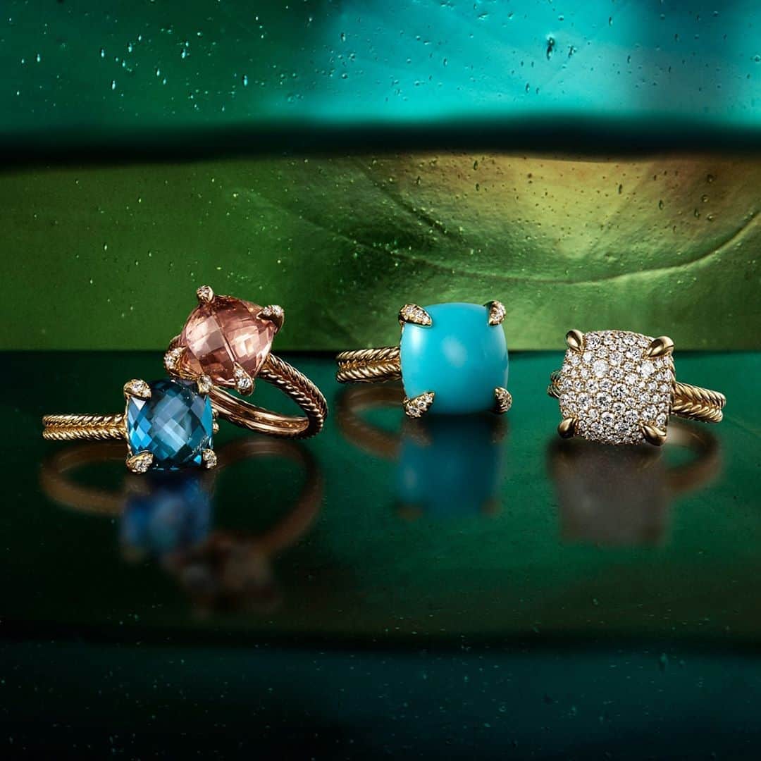 デビッドヤーマンのインスタグラム：「Fall palette. Signature faceting unlocks the brilliant hues of Hampton blue topaz, morganite and turquoise—each accented with hand-set diamonds. Tap to shop our Châtelaine® Collection. #DavidYurman」