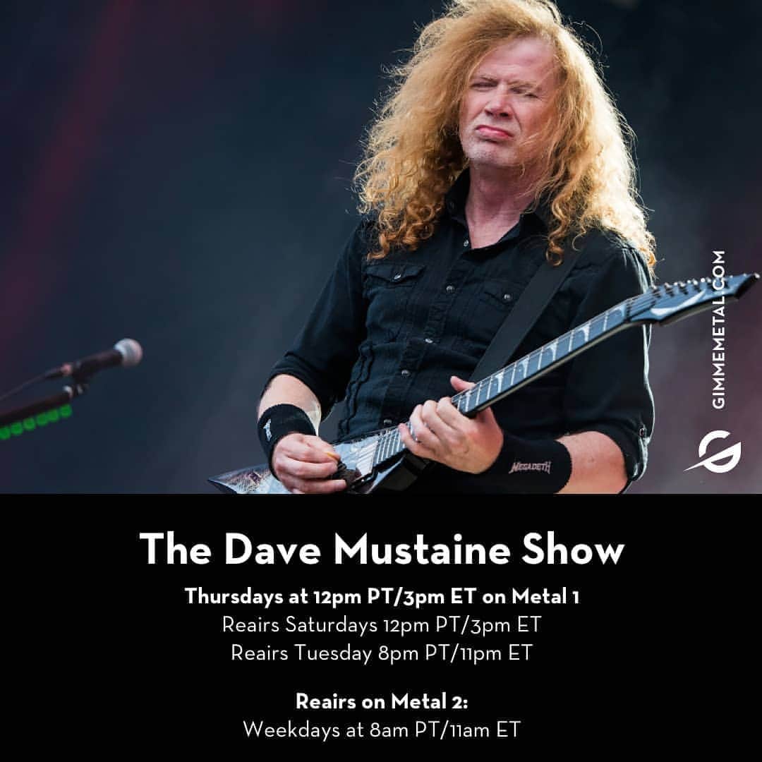 Megadethのインスタグラム：「Missed The Dave Mustaine Show live last week? The show re-airs on Tuesdays, Wednesdays and Saturdays only at gimmemetal.com (swipe up in our story). Tune in this Thursday for a special 'Rust in Peace' anniversary episode. See you in the chat mosh!」