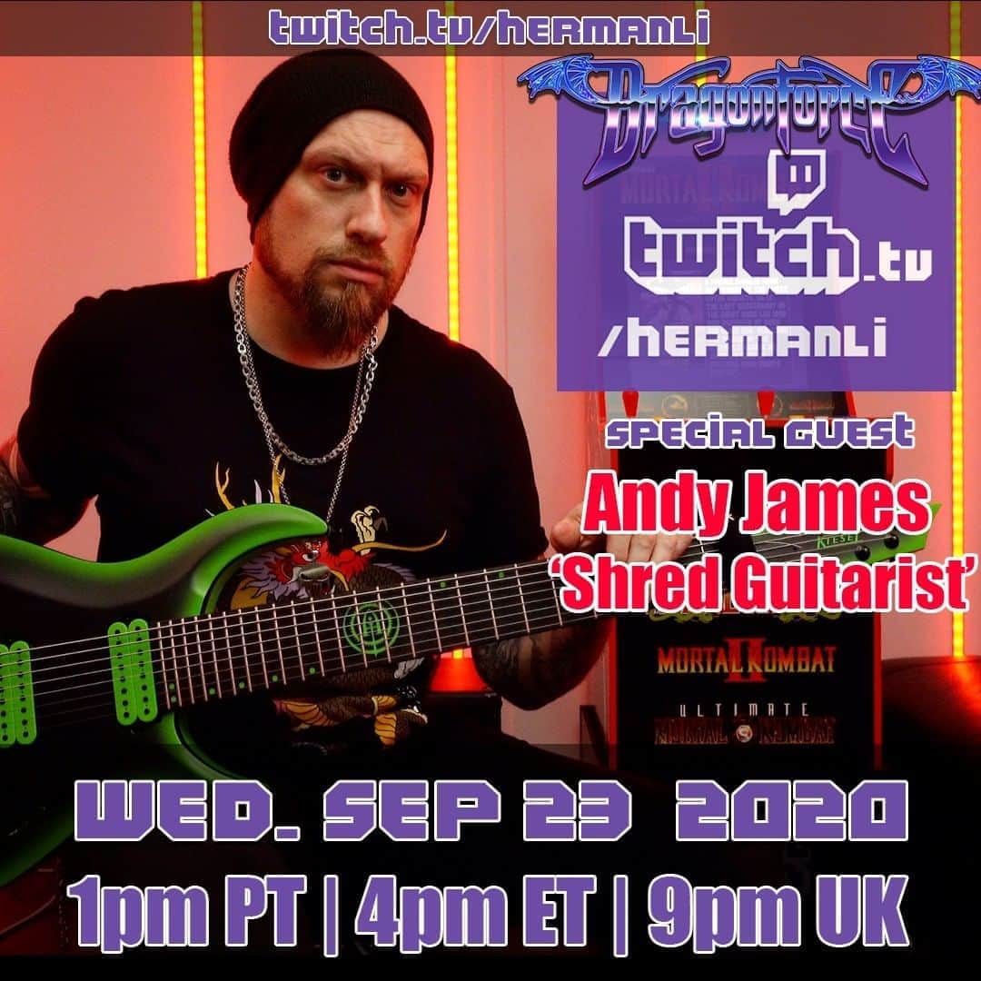 ハーマン・リさんのインスタグラム写真 - (ハーマン・リInstagram)「This Wednesday on @twitch , I have guitar shredder @andyjamesguitar coming to hang and jam! Come hang with us 🤘🎸🤘 Starts the usual time of 1pm PT / 4pm ET / 9pm UK, on twitch.tv/hermanli  #dragonforce #hermanli #andyjamesguitar #andyjamesguitaracademy #guitarsolo #twitch #livestream #shredtalk #shredcollab」9月23日 3時08分 - hermanli