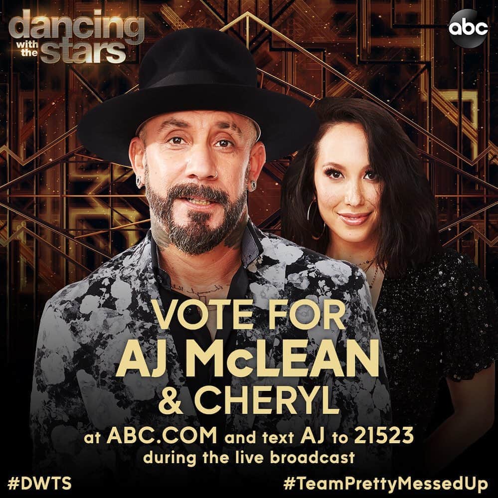 A.J.のインスタグラム：「Hey you guys, tonight is the night!! Starting at 8pm ET/7pm CT/5pm PT, and ending shortly after the last dance on the east coast, vote for #TeamPrettyMessedUp by texting AJ to 21523 ten times, and then another ten times online at DWTSVOTE.ABC.COM. Thank you all so much for the love and support, this Foxtrot is a fun one!!! #DWTS」