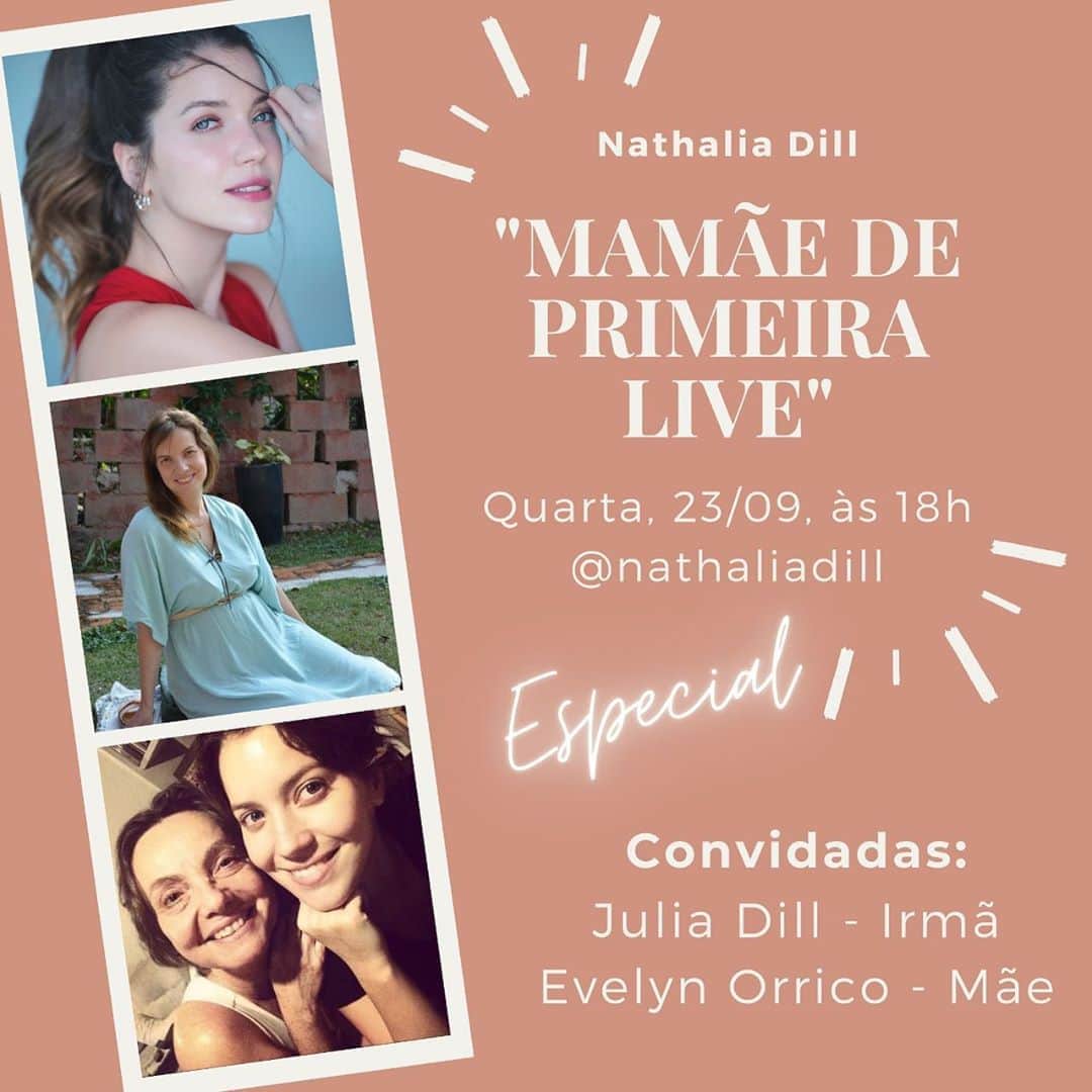 ナタリア・ディルのインスタグラム：「É com muita alegria que eu convido vocês pra esse #MamãedePrimeiraLive mais que especial, onde eu terei a honra de receber minha mãe e irmã! Inspiração como mulheres e mães pra mim, esse papo vai ser muito importante e emocionante (eu acho)! Principalmente por eu e minha irmã estarmos grávidas. Amanhã, 18h, espero vocês.」