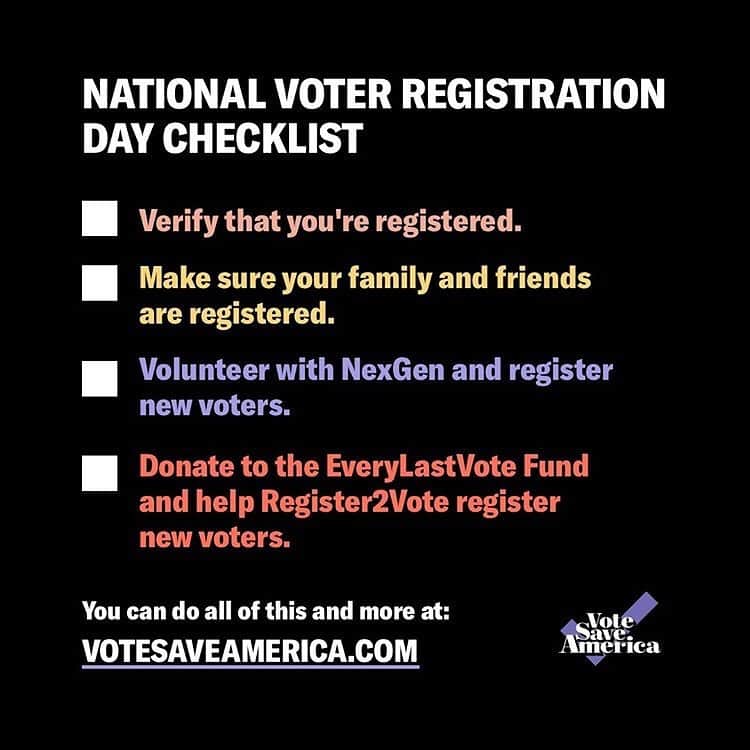 のインスタグラム：「It’s #NationalVoterRegistrationDay - if you are not registered check out the link in my bio for a how-to from my friends at @votesaveamerica !!! We need every eligible voter possible fo flip the Senate and win this presidency. We have the potential to shatter voter turn-out records this year and it has never been more important that we do so!!!!」