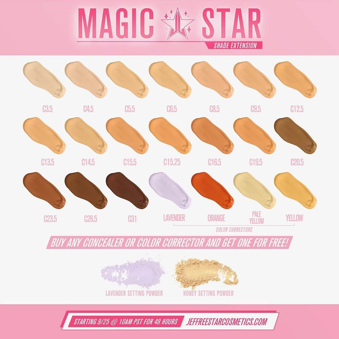 Jeffree Star Cosmeticsさんのインスタグラム写真 - (Jeffree Star CosmeticsInstagram)「Welcome to the Family🌟 Here is the entire #MAGICSTAR shade extension line up✨ For 48 hours all concealers & color corrector will be BUY ONE GET ONE FREE & Select palettes will be 30% OFF😇 Sale starts Friday at 10AM PST/1PM EST and ends Sunday 10AM PST/ 1PM EST💗 Set your alarms, you don’t want to miss this ⏰ #jeffreestarcosmetics #magicstarconcealer #48hoursale」9月23日 8時13分 - jeffreestarcosmetics