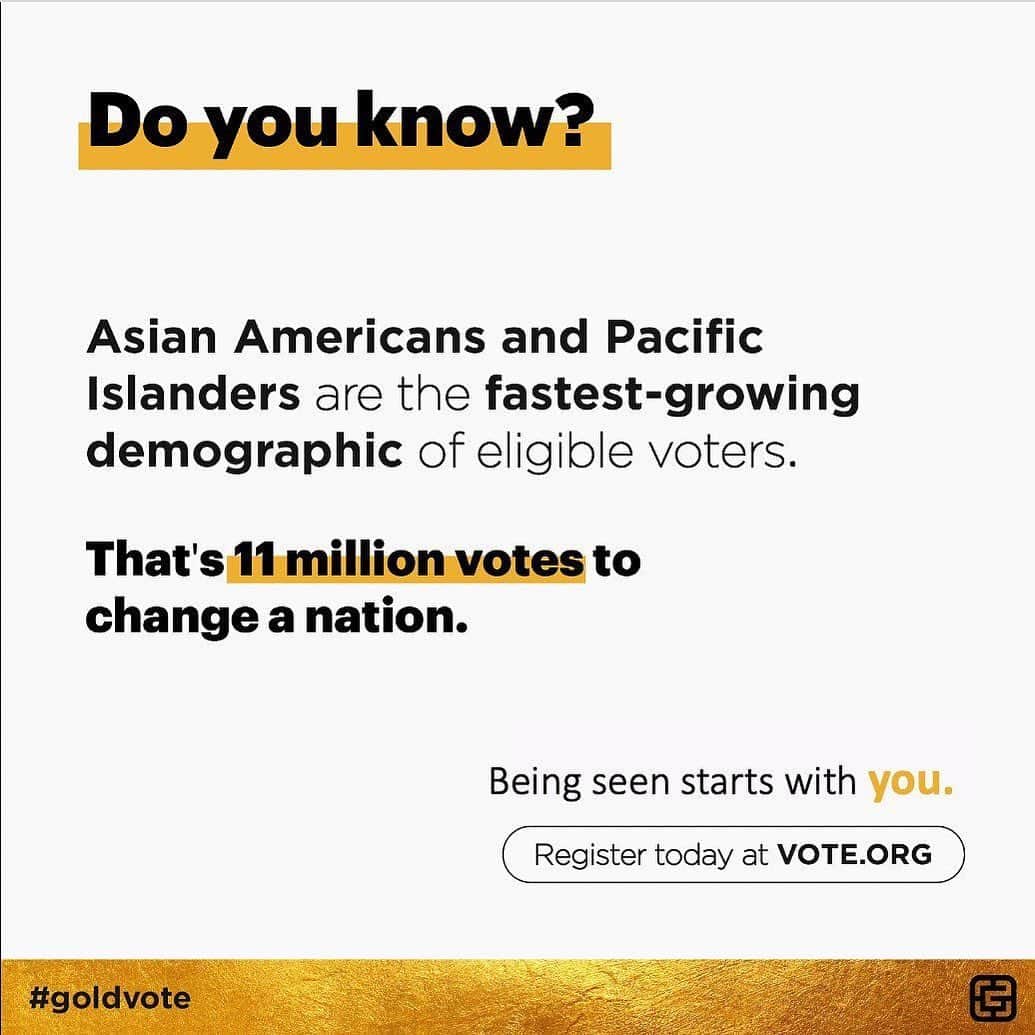 アレックス・シブタニのインスタグラム：「Today is National Voter Registration Day. Asian Americans and Pacific Islanders (AAPI) youth are the least likely to register to vote and show up (in 2016, only 49% of us showed up to vote). AAPIs are also the fastest-growing demographic of eligible voters. That’s 11 million eligible voters with a growth rate of 139%, compared to the 7% growth of caucasians.   Make sure you and your family/friends are registered to make a difference. #GoldVote #AAPI2020 #NationalVoterRegistrationDay」