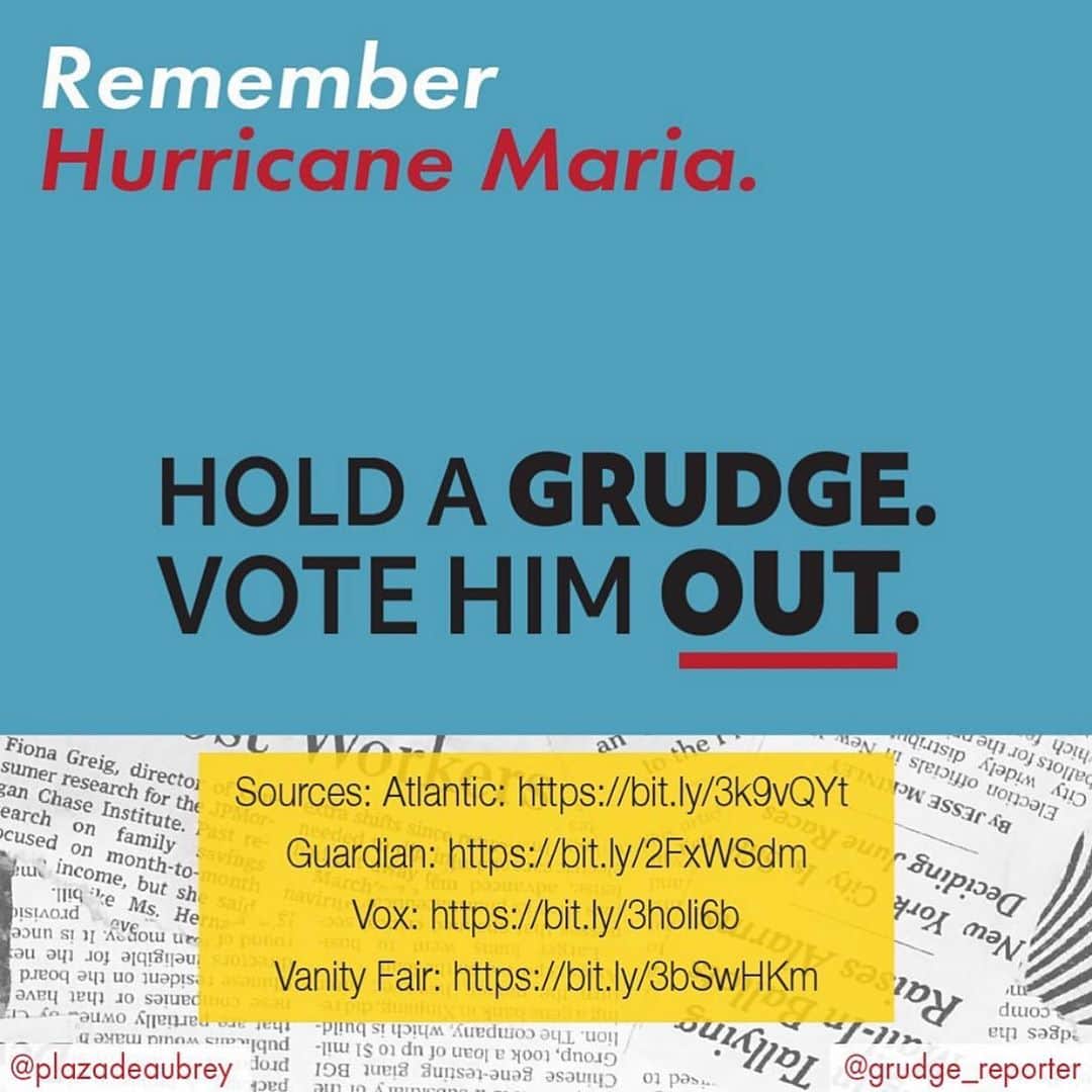 エイミー・シューマーさんのインスタグラム写真 - (エイミー・シューマーInstagram)「Trump showed his true colors when Hurricane Maria hit Puerto Rico and he hit the golf course. Our guest @plazadeaubrey is holding a grudge (and you should too).  #grudge #holdagrudge #puertorico #PR #hurricane #hurricanemaria #byedon #covid19 #vote2020 @grudge_reporter」9月23日 10時09分 - amyschumer