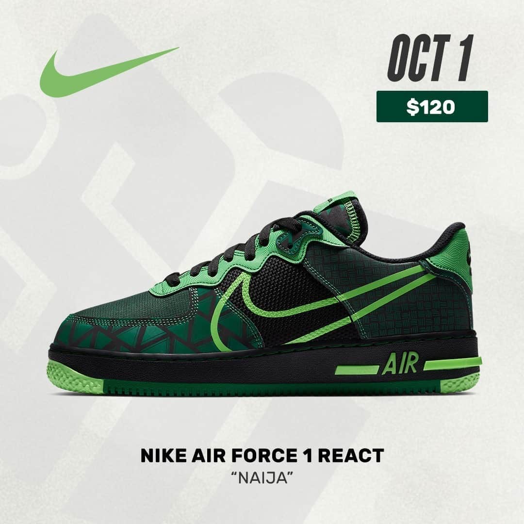 Sneaker Newsさんのインスタグラム写真 - (Sneaker NewsInstagram)「#SNReleaseAlert : The Nike Air Force 1 React "Naija" will release on October 1st for $120. Hit the link in our bio for a detailed look.」9月23日 11時01分 - sneakernews