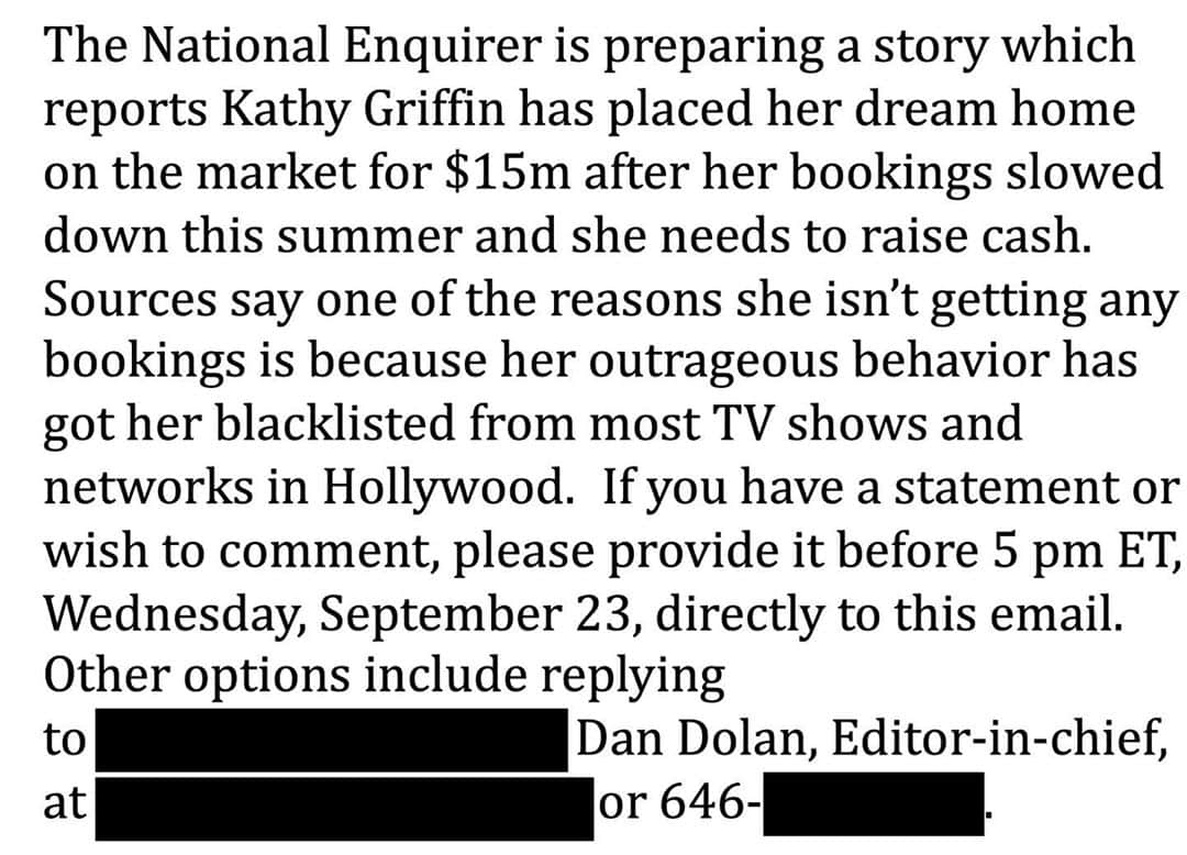 キャシー・グリフィンのインスタグラム：「Trump staffers planting stories in the Natl Enquirer...again? This came across my desk today. Ps. My house is $16MM」