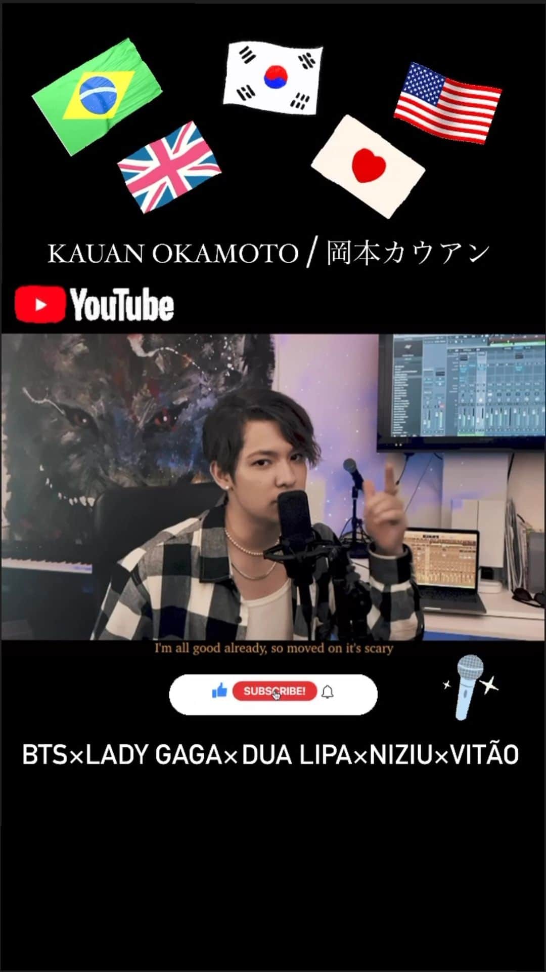Kauanのインスタグラム：「𝙉𝙚𝙬 𝙫𝙞𝙙𝙚𝙤 𝙤𝙣 𝙔𝙤𝙪𝙏𝙪𝙗𝙚📺🎧🎤 . . BTS×Lady Gaga×Dua Lipa×NiziU×Vitão  (KAUAN OKAMOTO Mashup cover）🇰🇷🇧🇷🇯🇵🇺🇸🇬🇧 . . （Special guest ） 🎸@eliasthiago_gt   🎥@takehide_nakamura  . . #YouTube #KauTube#Mashup#KauanOkamoto」