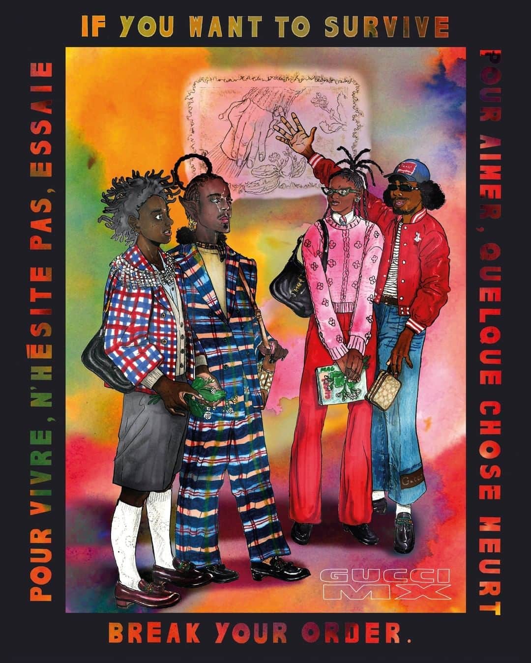 のインスタグラム：「Artists were commissioned to create images of Gucci MX featuring Gucci logo in overlay in the style of an advertisement for the new issue of @frankenstein_magazine. #GucciMX is born from the 5-year creative vision of @alessandro_michele’s collections which take shape in gender fluidity and freedom to express who you are. Image 1 is by @nygelpanasco and Image 2 features the #GucciJackie1961 bag by Davide Busnelli @davidebusn. #AlessandroMichele Discover more about #GucciMX and download the fanzine through link in bio.」