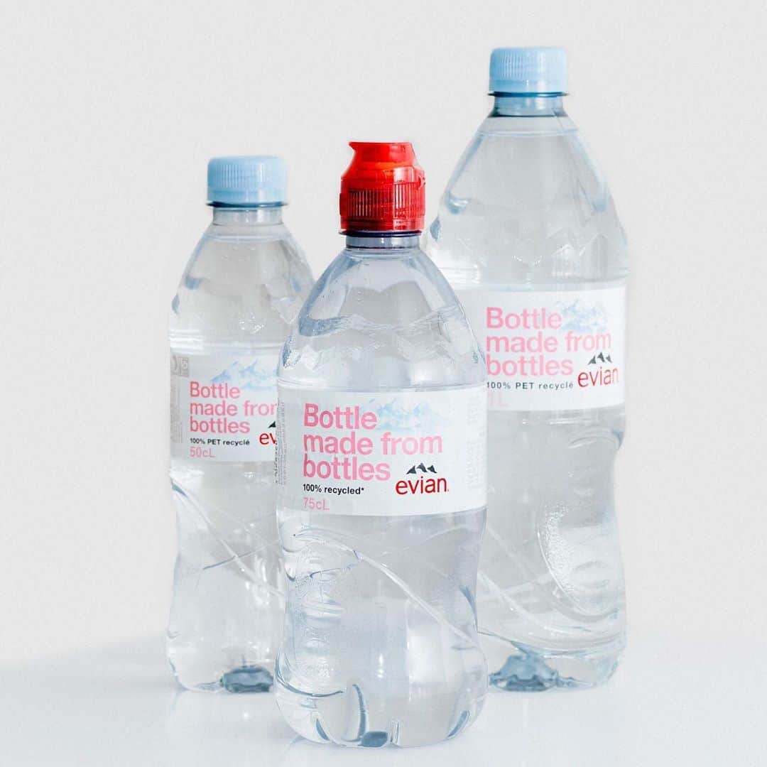 evianのインスタグラム：「These bottles are made of 100% recycled plastic* and have a carbon neutral footprint. Their creation is the next step in our journey to becoming fully circular by 2025. ​💧 ​ Learn more on evian.com.​ ​ Available in France, Belgium, Germany, Switzerland and the United Kingdom.​ ​ *excluding cap and label​ ​ #evian #evianwater #positivedrops #stayhydrated #bottlesmadefrombottles #weactforwater」