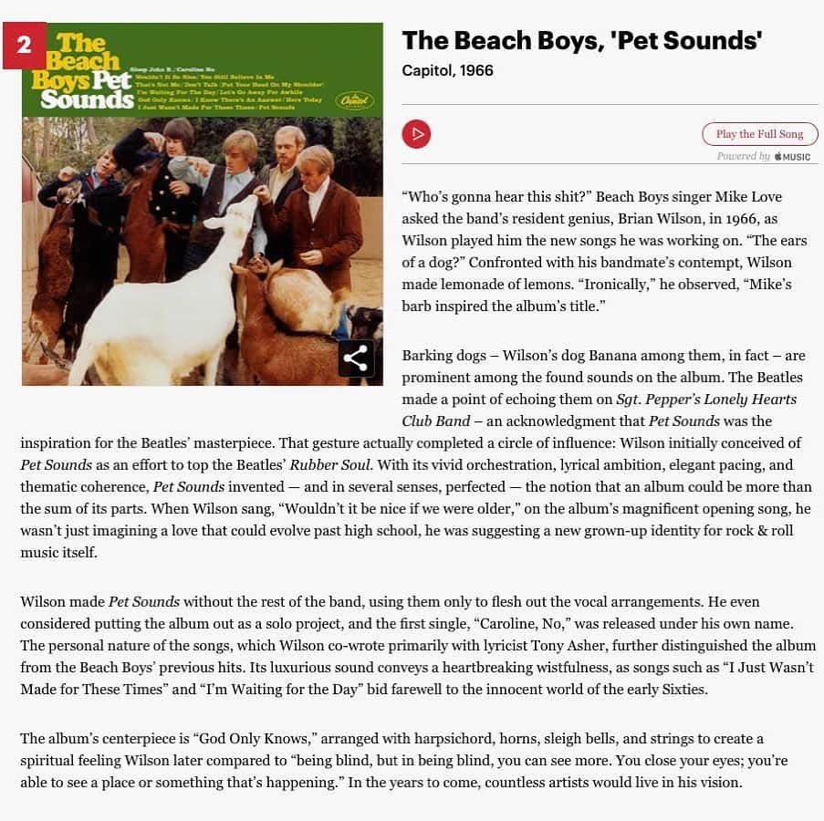 ブライアン・ウィルソンさんのインスタグラム写真 - (ブライアン・ウィルソンInstagram)「Rolling Stone’s updated list for the “500 Greatest Albums of All Time” places The Beach Boys’ Pet Sounds at #2, only behind Marvin Gaye’s 1971 masterpiece “What’s Going On.”  @rollingstone #500 #greatestalbums #thebeachboys #petsounds #1966 #marvingaye #whatsgoingon」9月23日 22時06分 - brianwilsonlive