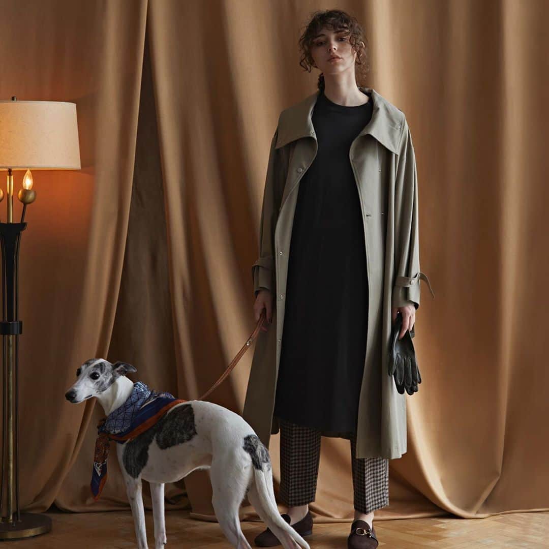 エリオポールのインスタグラム：「. Brit chic! 9.4.fri.-10.4.sun. . . COAT [HÉLIOPÔLE]  46,000yen+tax DRESS [HÉLIOPÔLE]  21,000yen+tax PANTS [HOPE]  49,000yen+tax GLOVES [ALPO]  25,000yen+tax SHOES [CORSO ROMA,9]  19,000yen+tax . dog: SCARF [manipuri]  19,000yen+tax . . . . #HELIOPOLE #エリオポール #britchic  #2020aw #autumnwinter #selectshop #fashion #style #british #britishstyle」