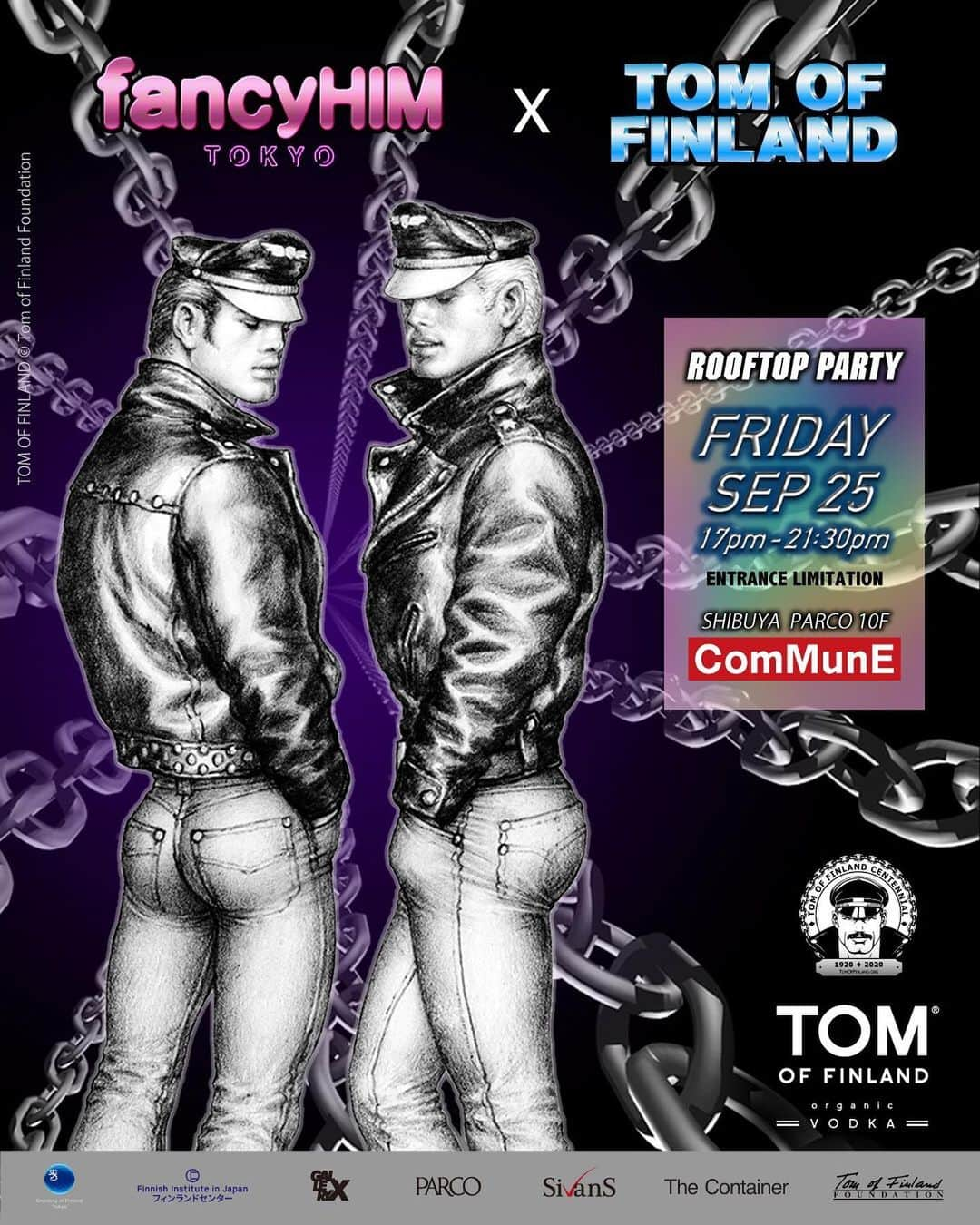 PELIのインスタグラム：「✨明後日！金曜日！✨﻿ ﻿  ﻿ fancyHIM X TOM OF FINLAND rooftop party！ ━━━━━━━━━━━━━━━━━━━━ 渋谷PARCO、GALLERY Xにて開催されているTom of Finlandの日本初の個展とTom of Finland生誕100周年を記念した、fancyHIMとのコラボレーションパーティー。 ━━━━━━━━━━━━━━━━━━━━ 2020. 9. 25 FRIDAY at ComMunE（渋谷PARCO 10F屋上） OPEN 17:00  CLOSE 21:30 -重要- 当イベントは密を避ける為、入場制限を設けております。当日は、一般の入場受付はしておりませんので予めご了承下さい。  🎟数量限定の前売チケットを販売しております。🎟  前売チケットは、fancyHIM official Instagramのプロフィール欄からご購入いただけます。@fancyhimtokyo ━━━━━━━━━━━━━━━━━━━━ 【DJS】fancyBOYS / PELI / MATCHA / KICK 【DRAG QUEEN】Aya Kinn / Okini / MIA Scandals 【GOGO】YUHEI / TAIGA【DOOR】HIFUMI ━━━━━━━━━━━━━━━━━━━━ SUPPORTED BY Tom of Finland Vodka ━━━━━━━━━━━━━━━━━━━━ #TOMs100 #TomOfFinland #fancyhimtokyo @tomoffinlandfoundation @tomoffinlandvodka @parco_shibuya_official @parcogx @commune_shibuya @the.container.tokyo @sivansofficial」