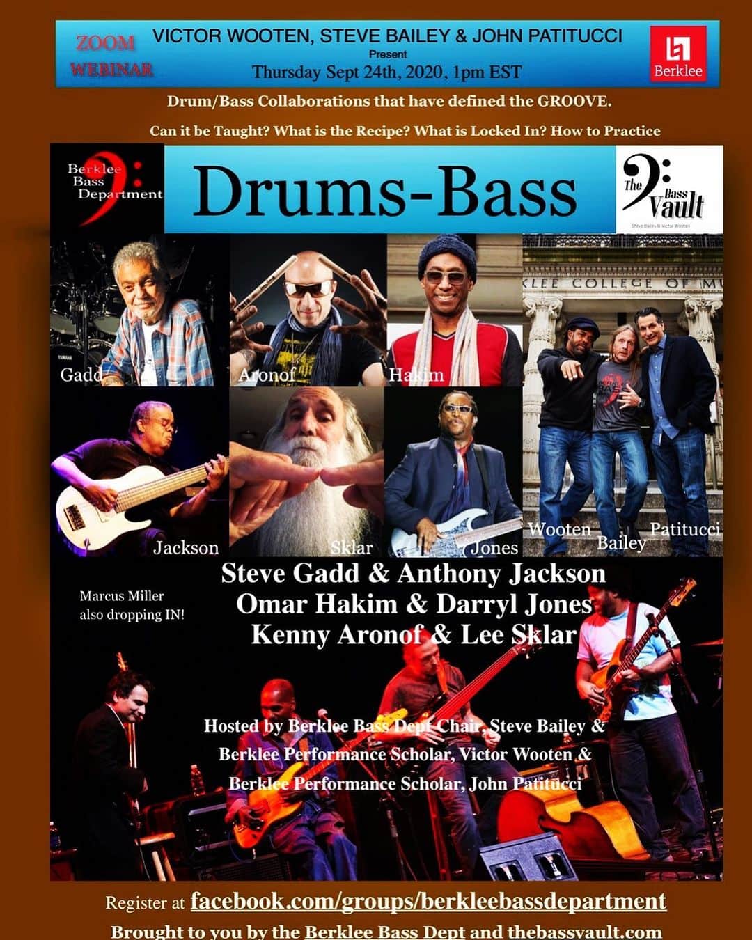 ヴィクター・ウッテンのインスタグラム：「Thursday, 1PM,  FREE! DRUM and BASS Summit with Steve Gadd & Anthony Jackson, Omar Hakim & Darryl Jones,  Kenny Aronof & Lee Sklar These masters of rhythm have set the standards for Groove Teamwork and they are excited to share their stories and tips with you.  How do they do what they do? Can Groove be Taught? How?  (LOOK OUT for SURPRISE Guests like Marcus Miller!!)  What are they up to? What are they practicing? What is their advice to students? What was their path to success? What can we all collaborate on to help get thru COVID?  Hosted by Victor Wooten, John Patitucci, and Steve Bailey  USE THIS LINK TO RESERVE A FREE LINK TO THE EVENT https://berklee.zoom.us/webinar/register/WN_hk0GxmcIS0yVQ8nOb5hAwQ  We’ll see you soon」