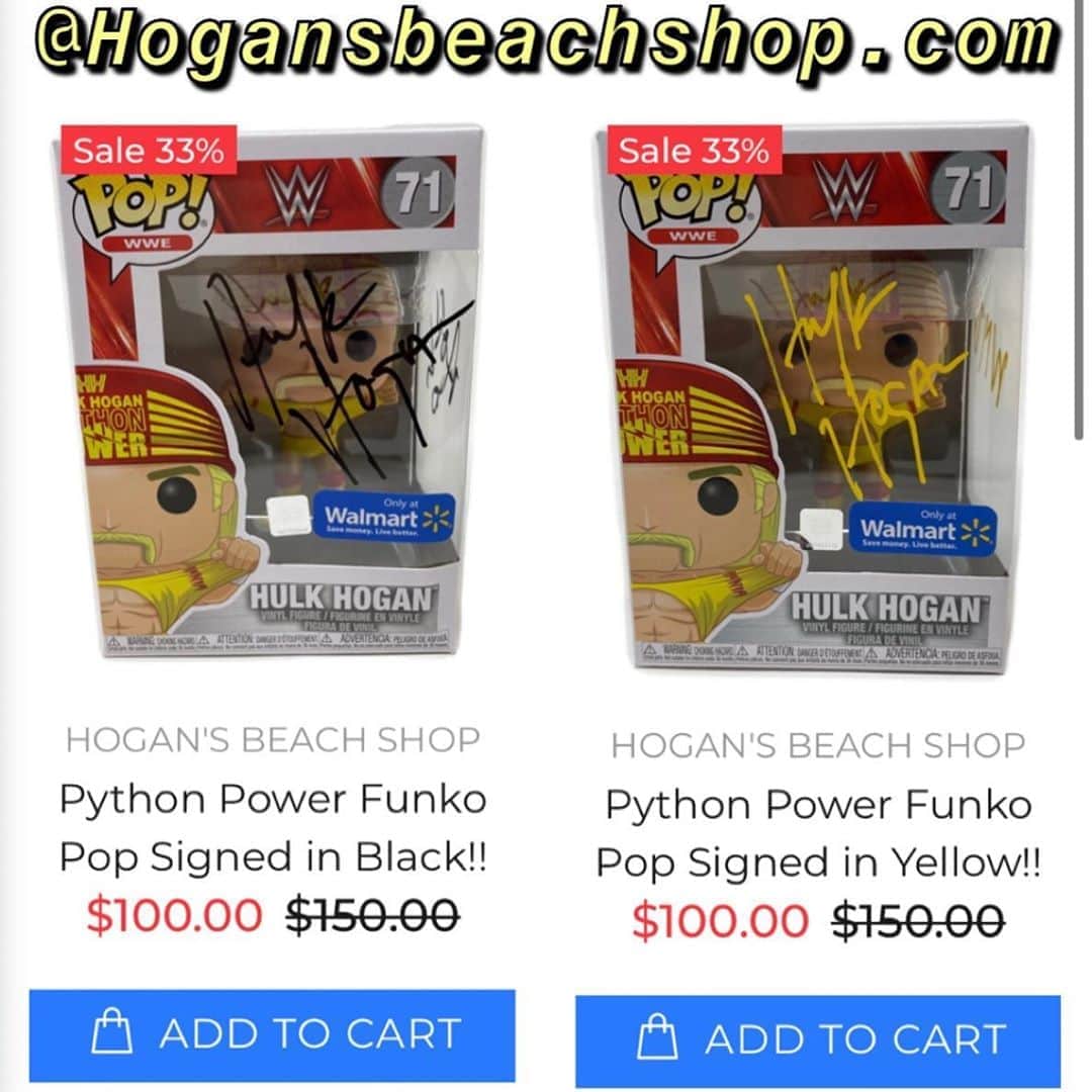 ハルク・ホーガンのインスタグラム：「💥Funko Pop Sale ...?💥 @hogansbeachshop has Hulk Hogan Python Power Funko Pops 50$ off 😱 and it’s only going to the first 50 customers🙌. Signatures available in 5 different colors too so think fast only 50 pops ,Do you have all the colors...? •‼️@hogansbeachshop ‼️• ⬆️(LINK IS IN OUR BIO⬆️ #gold #white #yellow #black #red #blue #hulkhogan #hulkamania #clearwaterbeach」