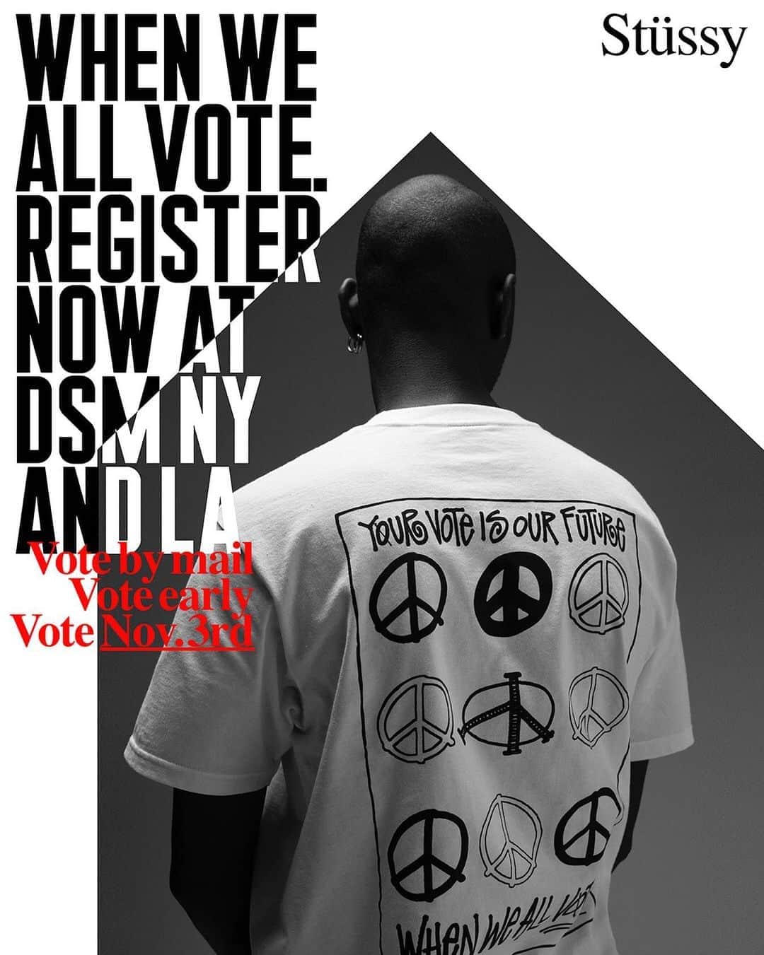 Stüssyのインスタグラム：「We Can Change The World Together When We All Vote With DSM New York and Los Angeles.  In 2016, the election was effectively decided by fewer than 80,000 people in three states. During the mid-term elections in 2018, even with the largest youth turnout for a midterm election in decades, two thirds of young people still did not vote.  Ahead of this election, DSM has asked its community in the USA to join us in educating, raising awareness and creating a call to action around registering and making a plan to vote by designing a single item that reflects a voting message of their choosing.  DSM has realized this project in partnership with When We All A Vote – a non-profit, nonpartisan organization on a mission to increase participation in every election – and Good Service NYC.  100% of profits will be donated back to When We All Vote for their work in this and forthcoming elections.  Launching Saturday September 26th in-store and online.  We have the power to impact the direction of this country by voting. We must get out and vote in November because every voice matters.  @doverstreetmarketnewyork  @doverstreetmarketlosangeles  @whenweallvote  @goodservice.nyc」