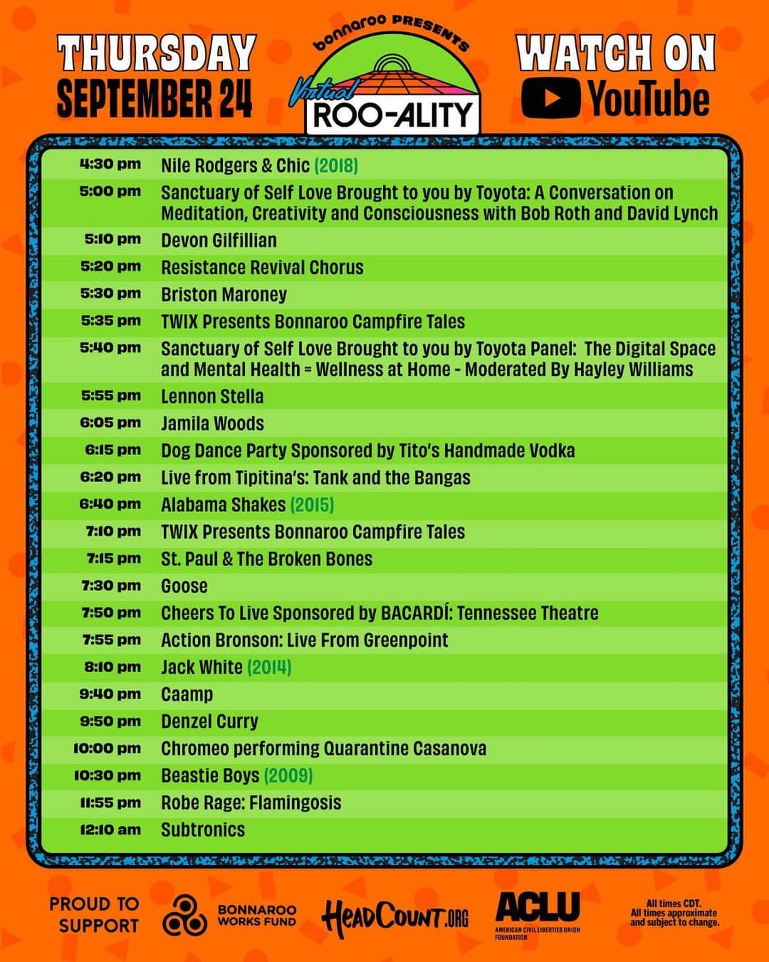 アラバマ・シェイクスのインスタグラム：「The @Bonnaroo #VirtualRooality Schedule is out now! Watch for free starting Thursday at 4:30pm CT. Set your reminder on YouTube and check out the full schedule!」