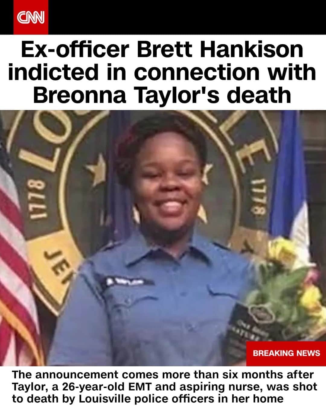CNNさんのインスタグラム写真 - (CNNInstagram)「Former Louisville police officer Brett Hankison has been indicted by a grand jury on three counts of wanton endangerment in the first degree. Two other officers involved in the March shooting — Sgt. John Mattingly and Det. Myles Cosgrove — were not charged following months of demonstrations calling for the arrests of all the officers. Anticipating unrest, city officials announced a Wednesday night curfew and closed off parts of downtown Louisville.⁠ An earlier version of this post incorrectly reported which officer fired the shot that killed Breonna Taylor. That shot was fired by Detective Myles Cosgrove, according to Attorney General Daniel Cameron. (📸: Change.org)」9月24日 2時56分 - cnn