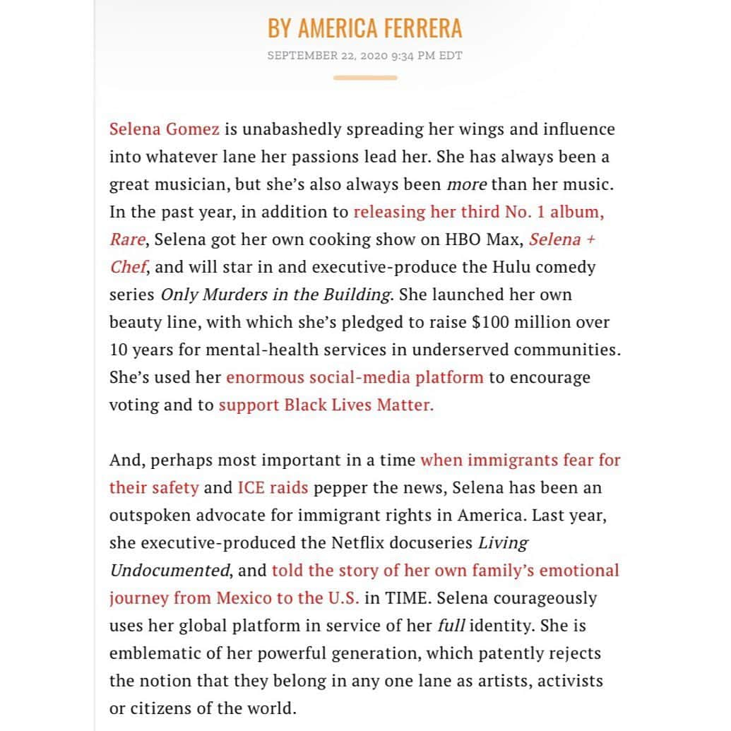 セレーナ・ゴメスさんのインスタグラム写真 - (セレーナ・ゴメスInstagram)「I’ve looked up to @americaferrera for so long and to be able to hear such an inspired woman say these things means the world to me. Thank you @time, thank you @americaferrera...and make sure you register to vote!」9月24日 4時27分 - selenagomez